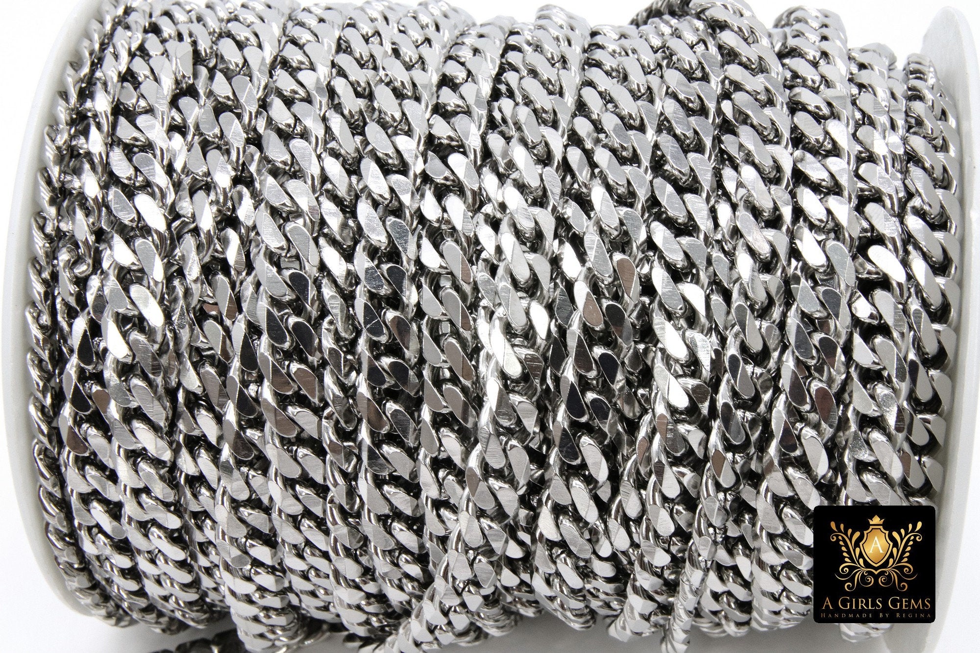 Silver Flat Curb Chain, 10.5 mm Stainless Steel Large Heavy CH #210, 304 Fancy Cuban Diamond Cut Oval Unfinished Chains