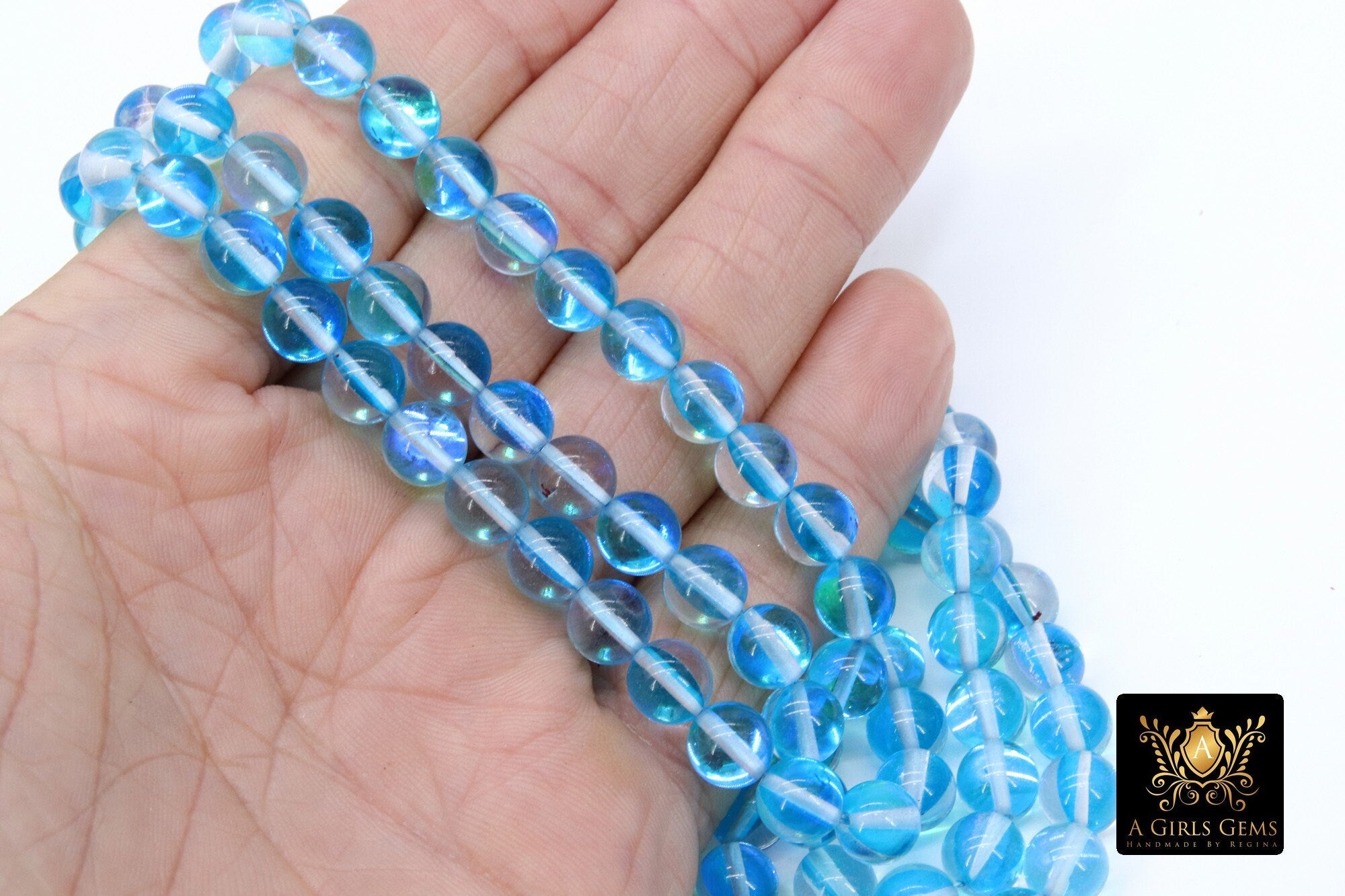 Ocean Blue AB Beads, Smooth Sky Blue Iridescent Beads BS #242, sizes in 8 mm 15.25 inch FULL Strands