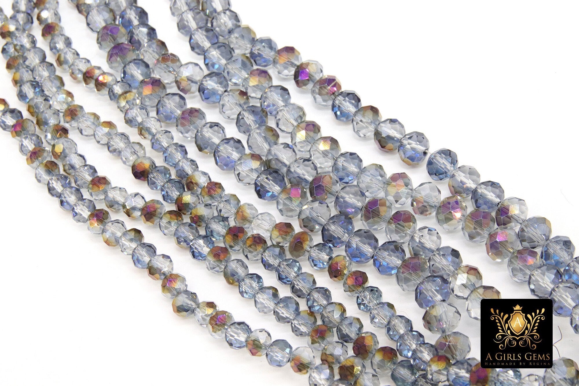 Clear AB Crystal Beads, Faceted Sky Blue AB Rondelle Glass Beads BS #245, sizes 6 x 5 or 8 x 6 mm 17.5 inch Jewelry Strands