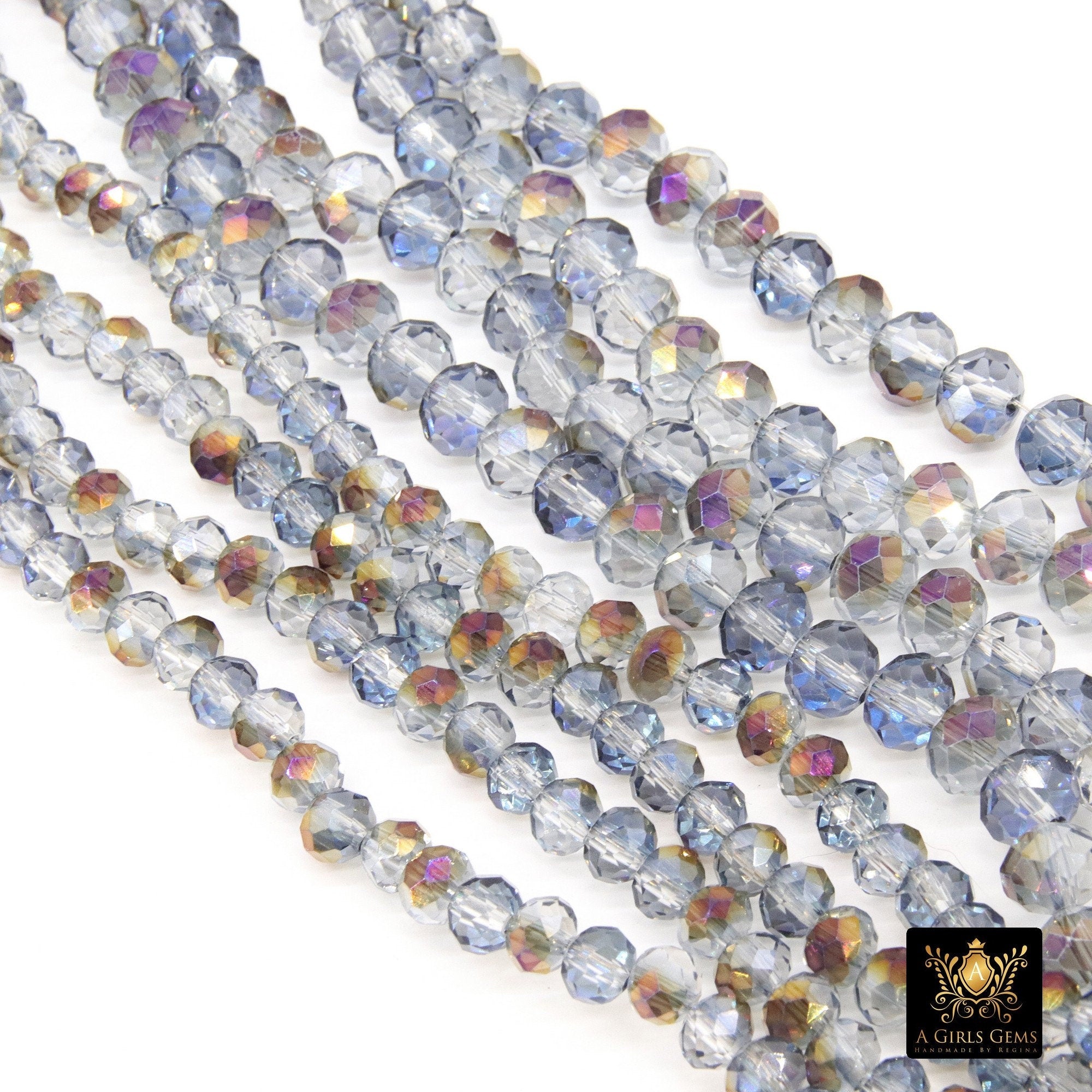 Clear AB Crystal Beads, Faceted Sky Blue AB Rondelle Glass Beads BS #245, sizes 6 x 5 or 8 x 6 mm 17.5 inch Jewelry Strands