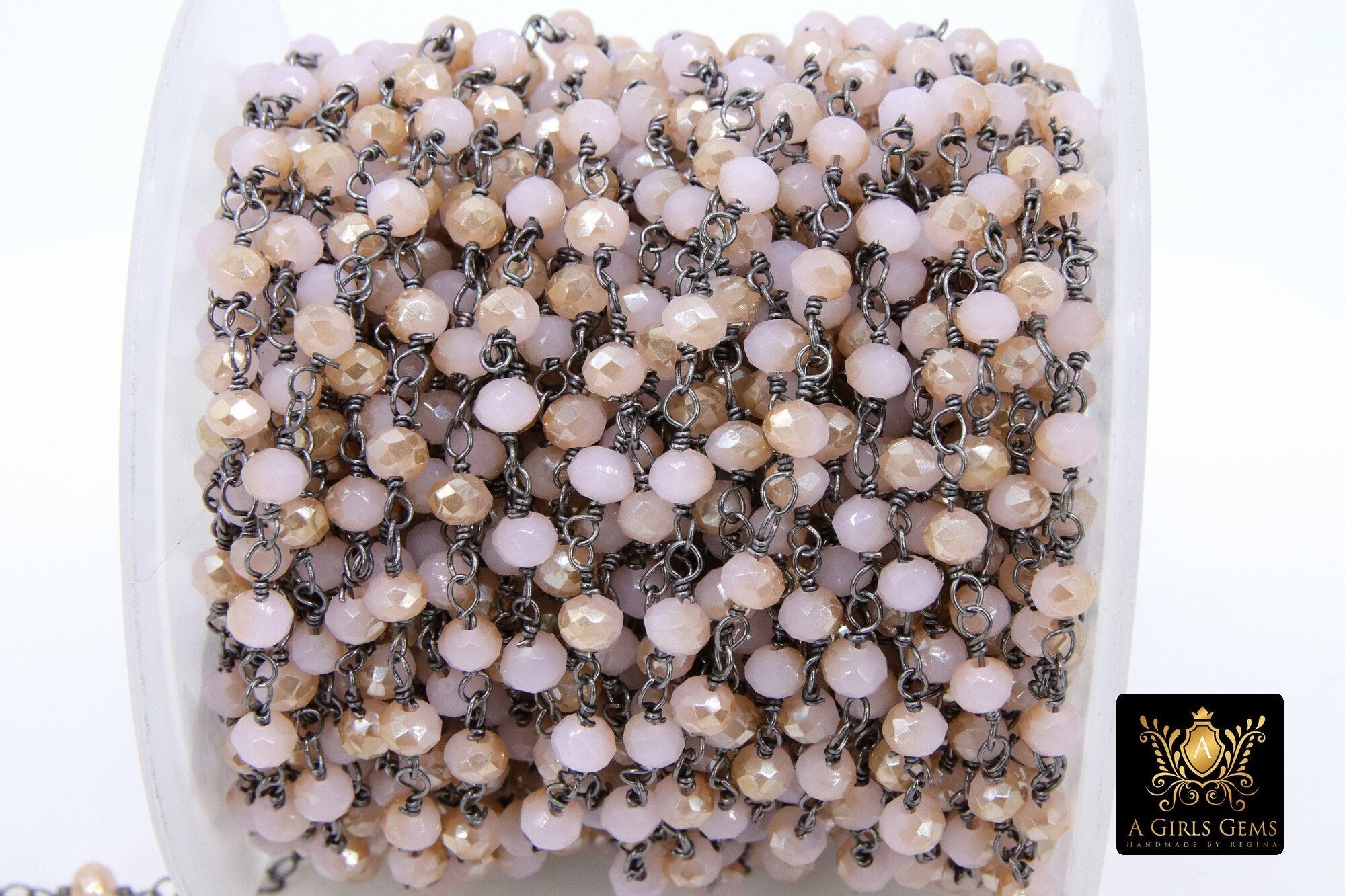Pink Rosary Gold Chains, 4 mm Pink Beige Black Wire Crystal Chains CH #417, Rondelle Beaded Boho Jewelry Chains