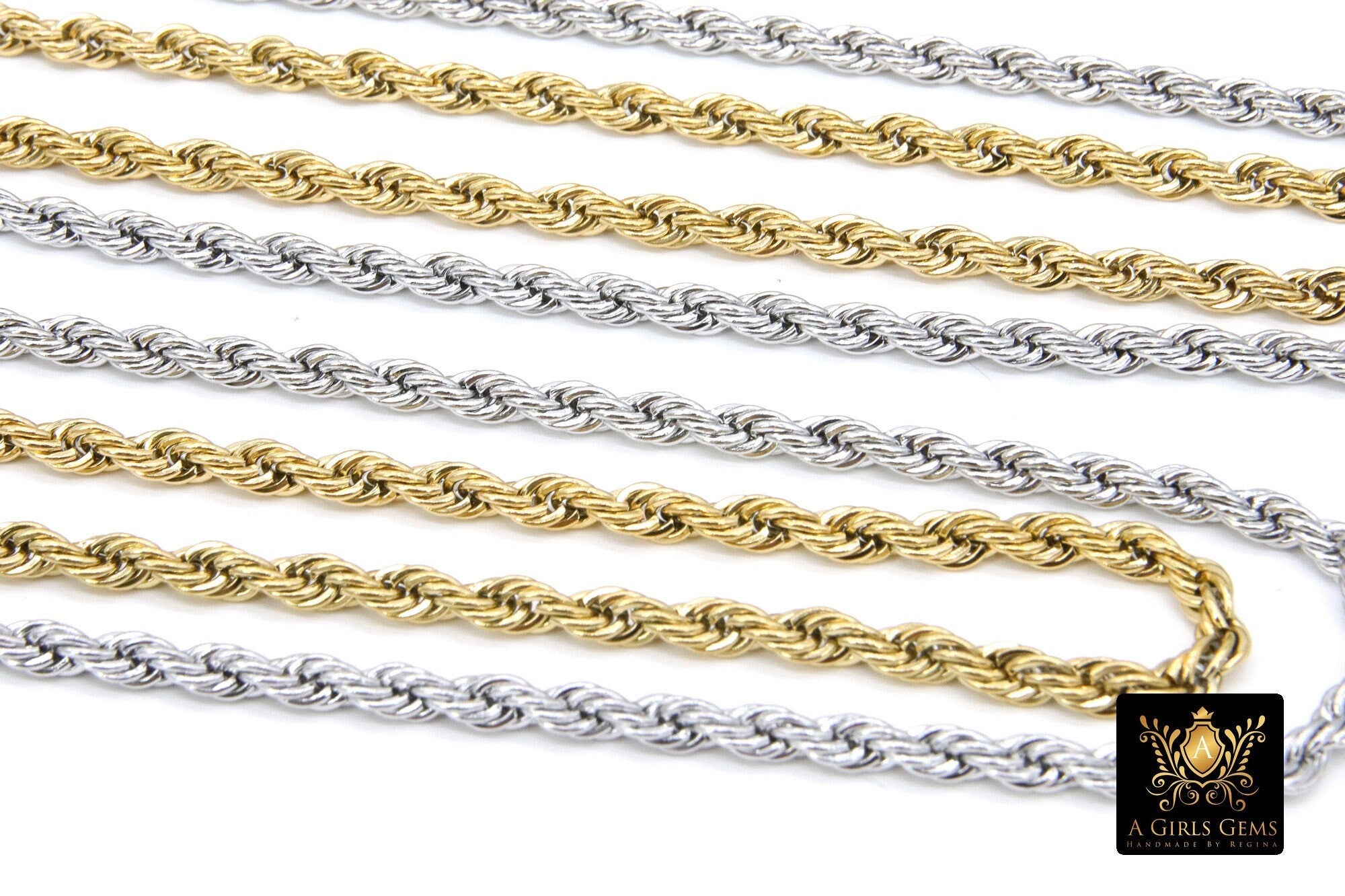 Stainless Steel Silver Chain, 304 Gold Rope Mesh Twist Chains CH# 155, 2.3 mm 3 mm 4 mm Unfinished Necklace Chains