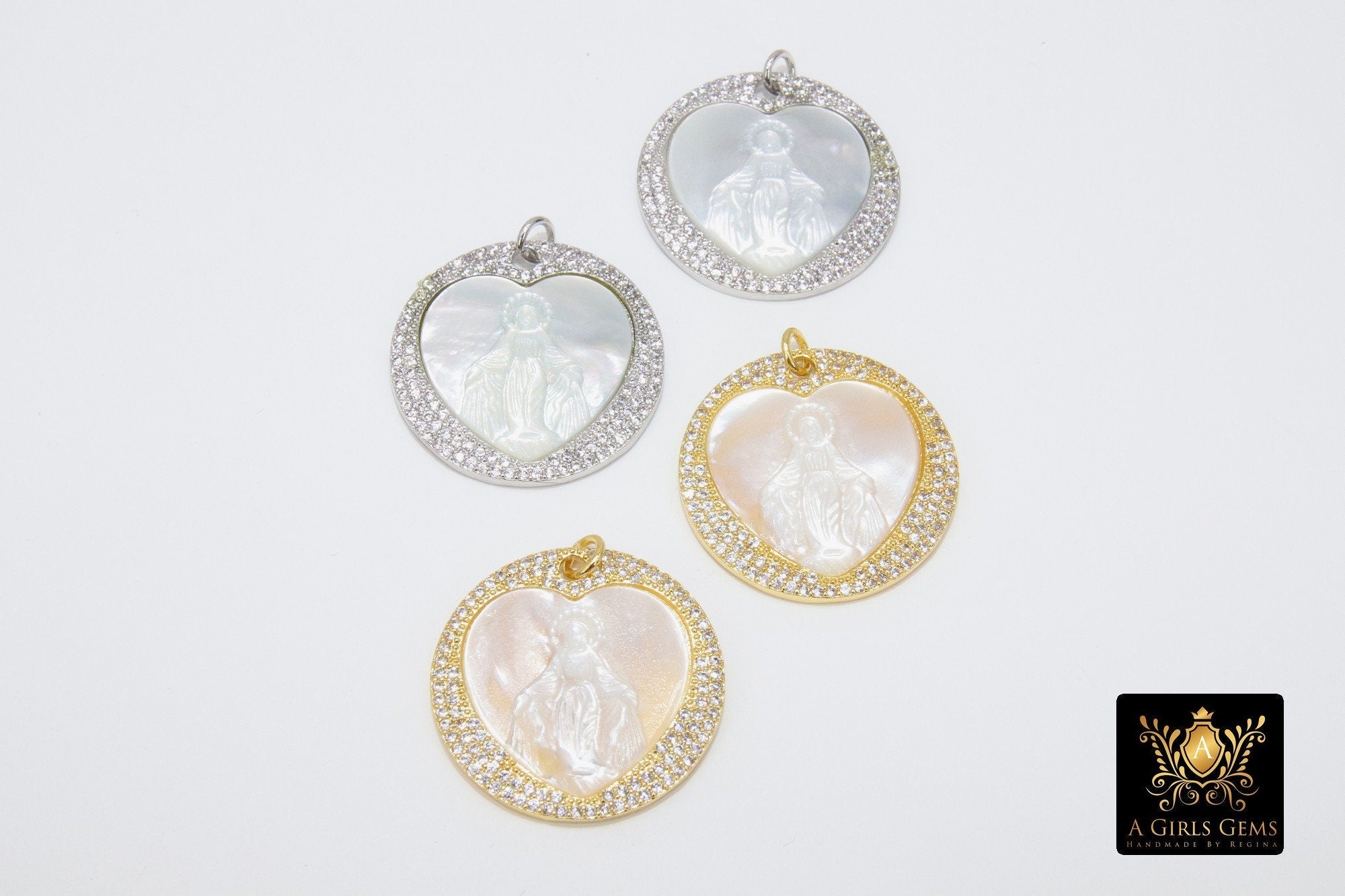 CZ Jesus Charms, Gold White Shell Mary Round Pendant #6, Silver Heart Mother of Pearl Shell Rosary Necklace Charm