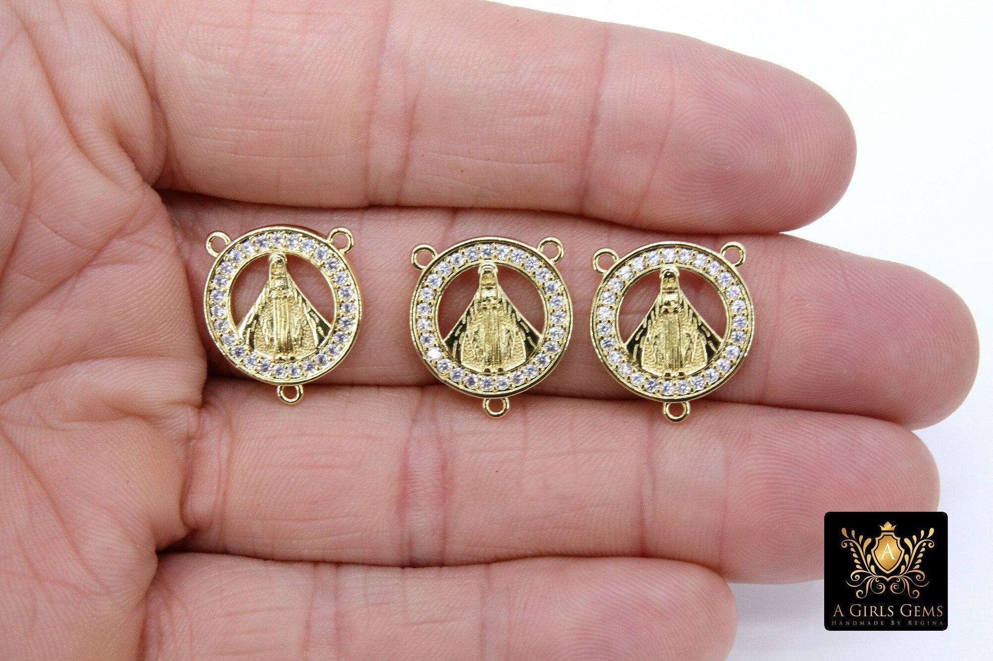 CZ Pave Mother Mary Connectors, Gold Cross Rosary Centers #344, St. Benito Charm Links