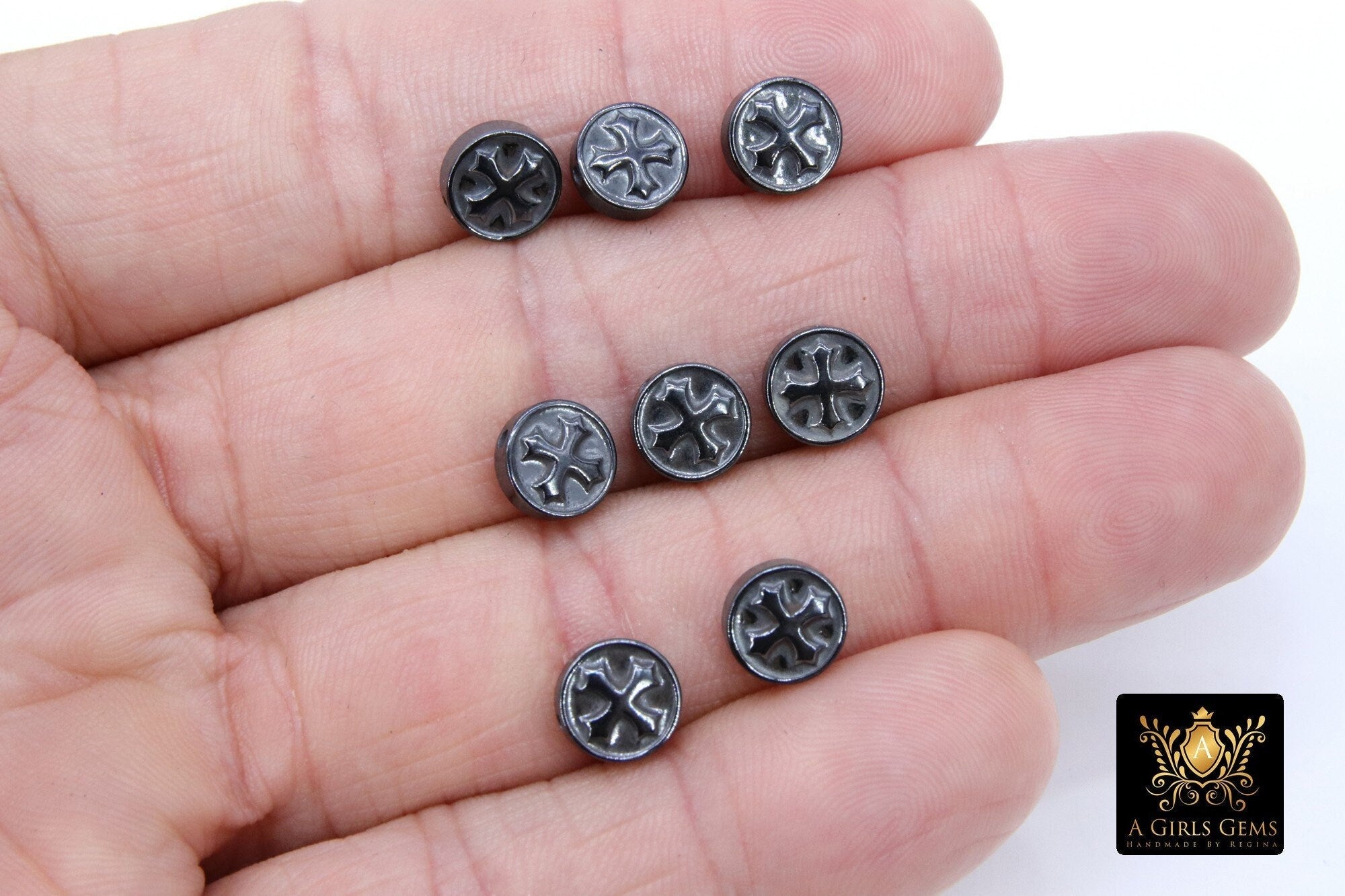 Black Hematite Cross Beads, 5 Pc Round Bead Cross Charm #314, 9 x 4 mm Religious Maltese Flat Cross