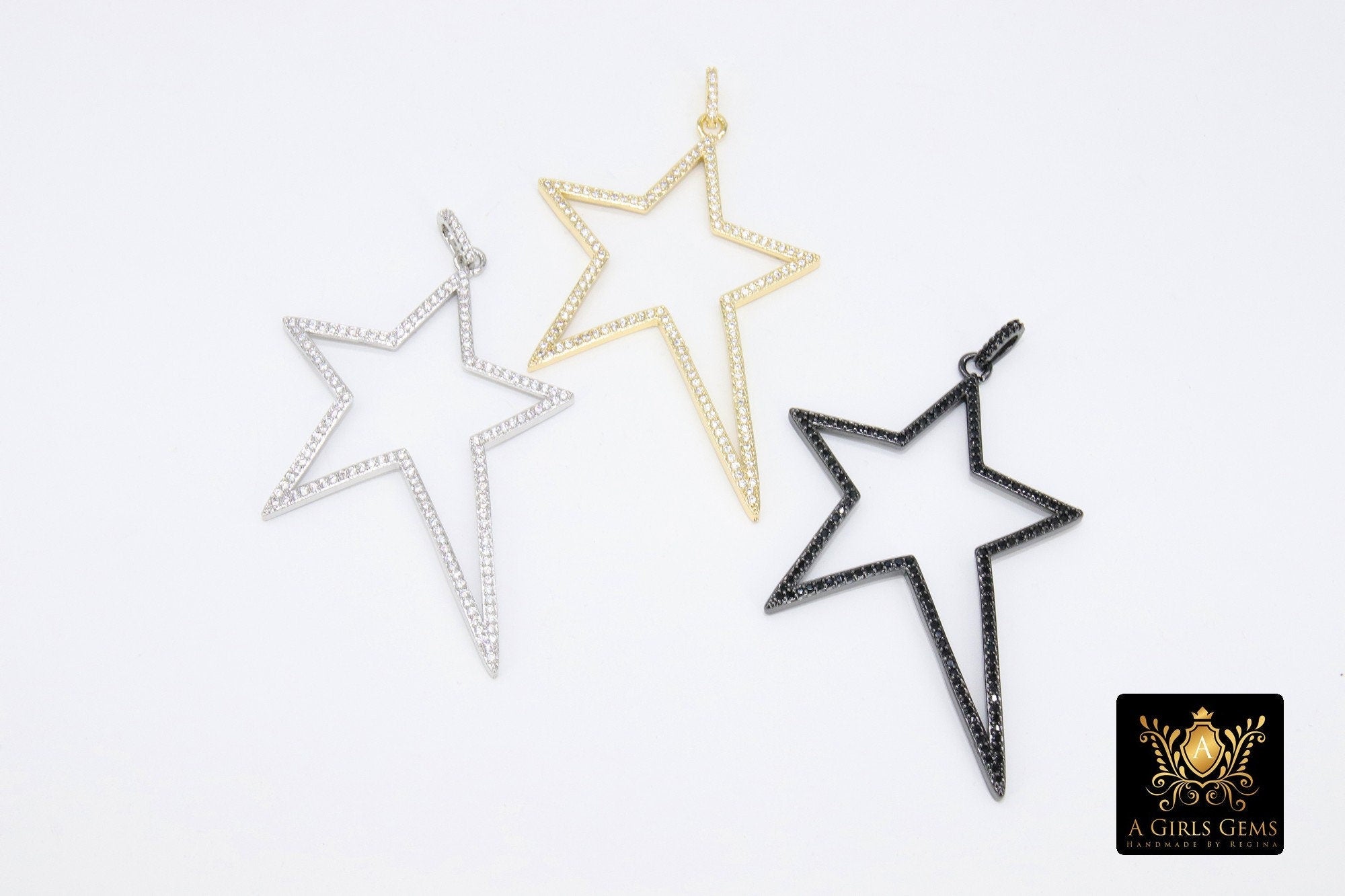 Star Crystal Charm Pendants, Gold CZ Micro Pave Large Black Starburst #791, Silver Star 45 x 61 mm