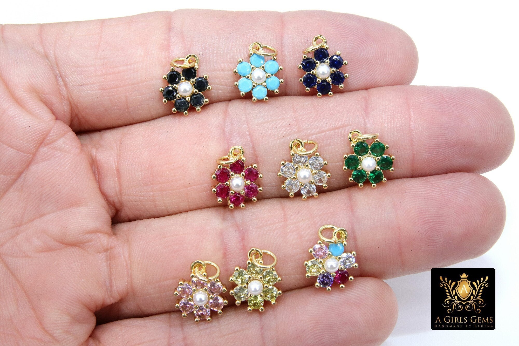 CZ Gold Flower Pearl Charms, Small 10 mm Pave Round Daisy, AG 880