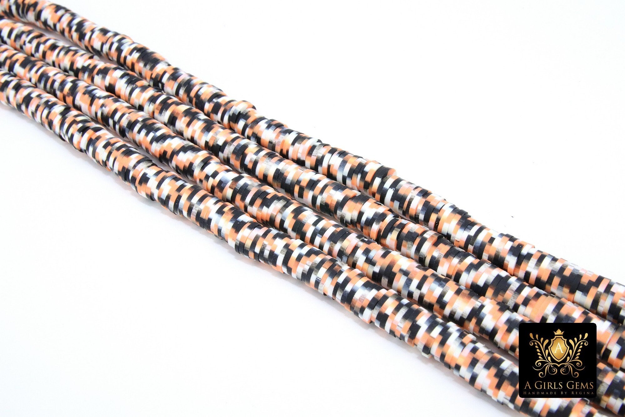 8 mm Clay Flat Beads, Black Orange White Heishi Tiger Pattern beads in Polymer Clay Disc CB #169, Rondelle Multi Color