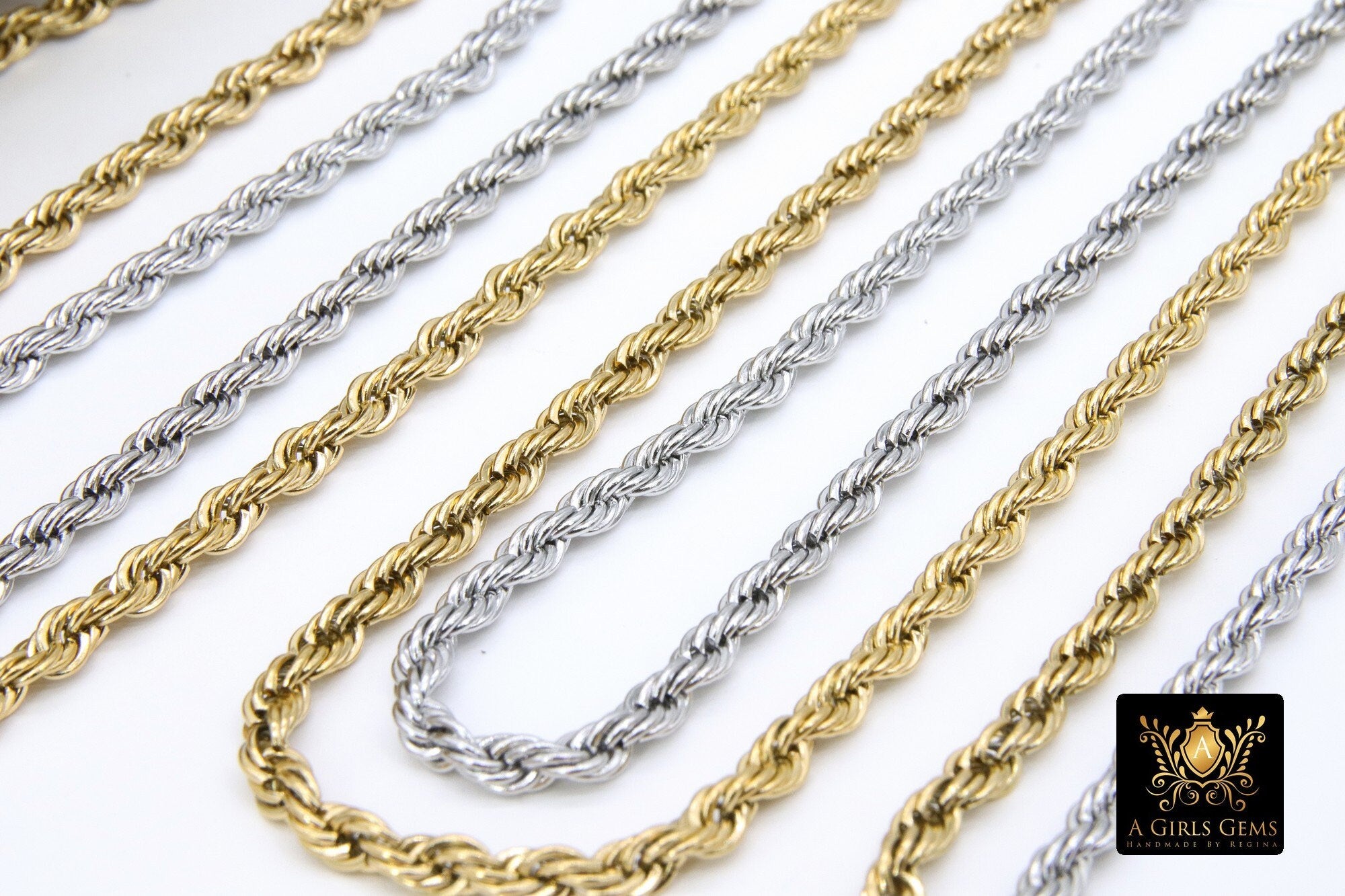 Stainless Steel Silver Chain, 304 Gold Rope Mesh Twist Chains CH# 155, 2.3 mm 3 mm 4 mm Unfinished Necklace Chains