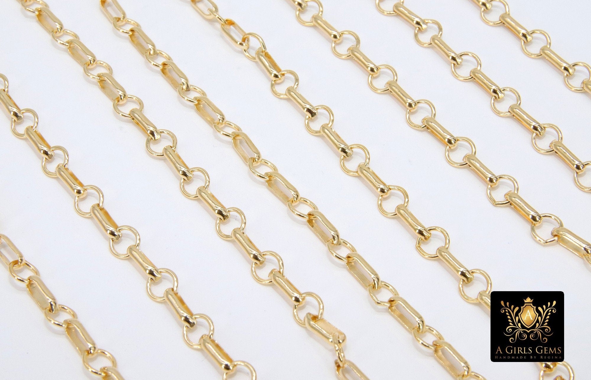14 K Gold Filled Bar Chains, 8 mm Unfinished Large Bar and Rolo Chain CH #768, Long Short