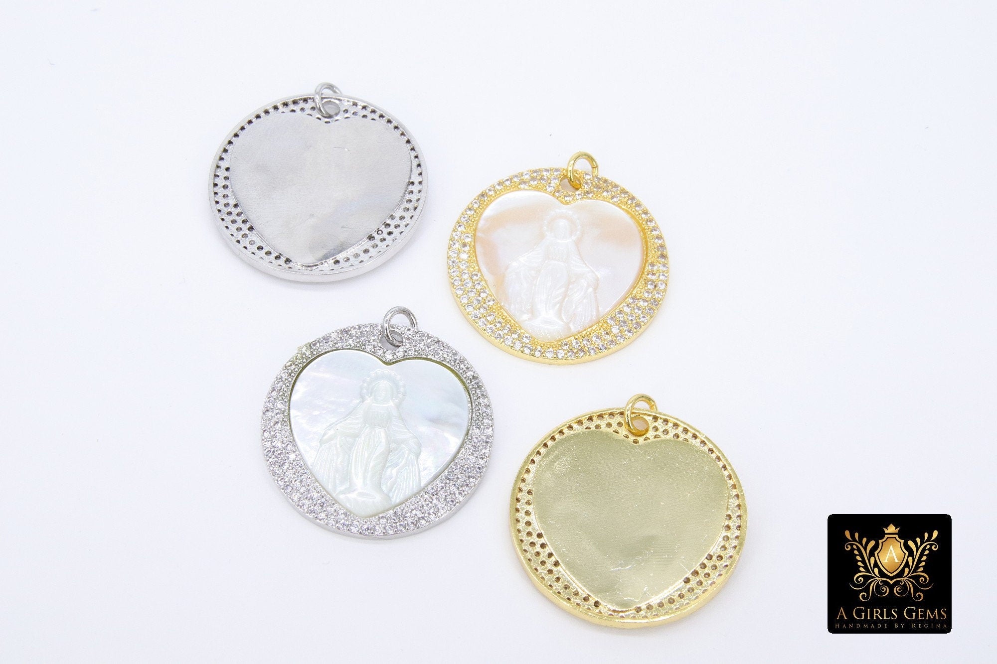 CZ Jesus Charms, Gold White Shell Mary Round Pendant #6, Silver Heart Mother of Pearl Shell Rosary Necklace Charm