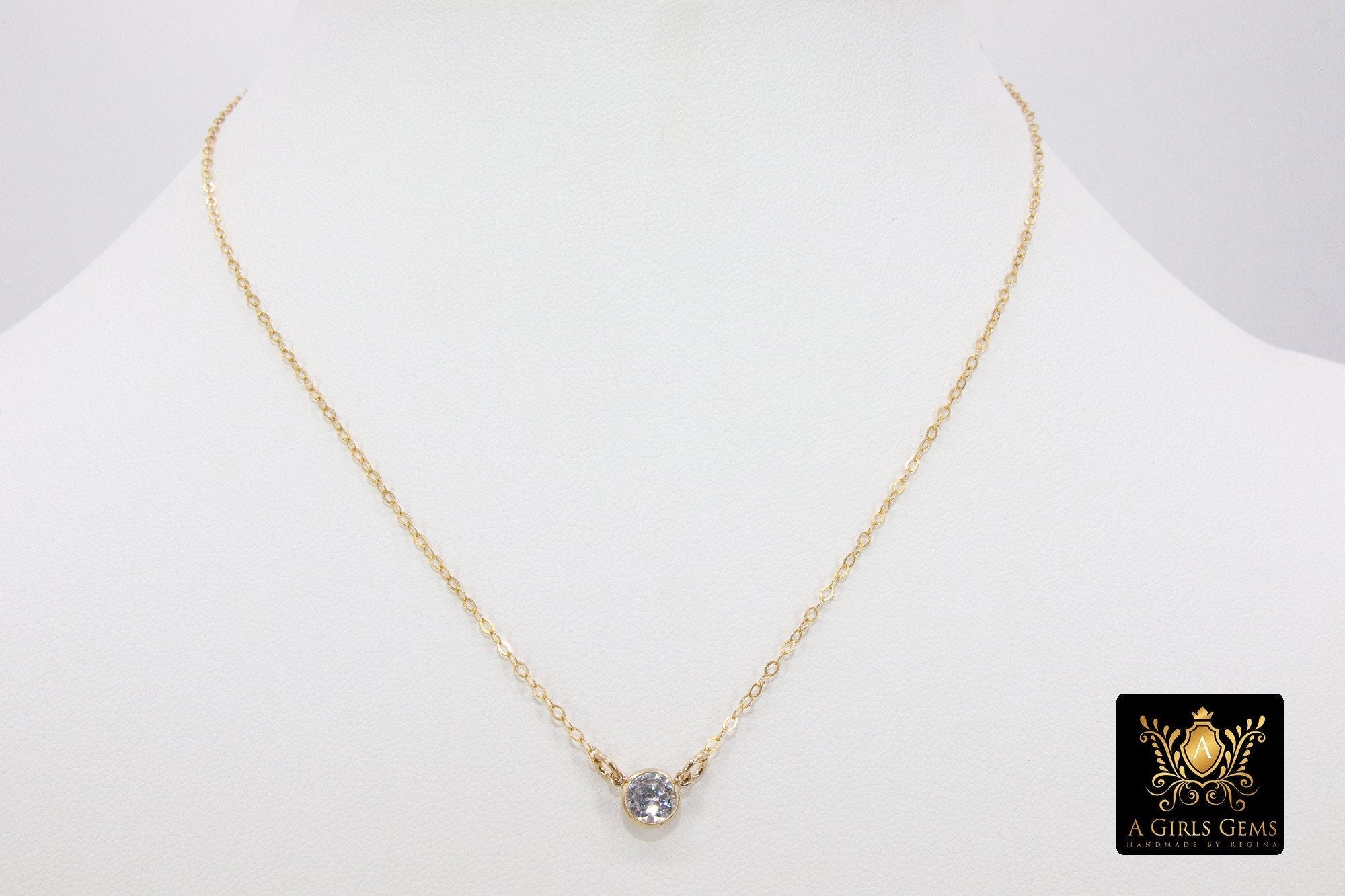 14 K Gold Filled CZ Chain Necklace, Gold Dainty Hammered Chain with Cubic Zirconia Charm Choker