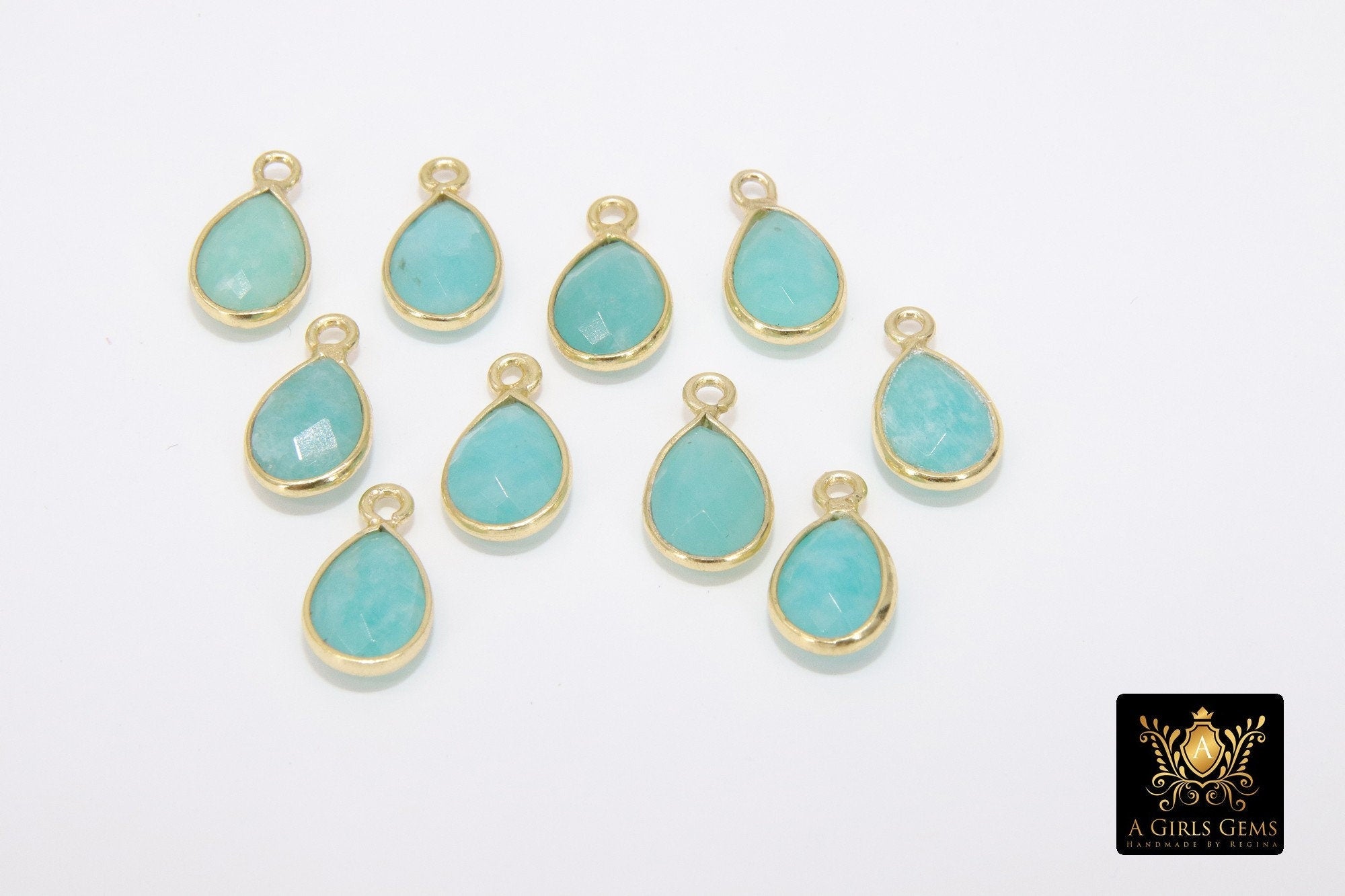 Natural Amazonite Teardrop Charms, Gold Plated Faceted Aqua Blue Gemstones #2828, Sterling Silver Pendants
