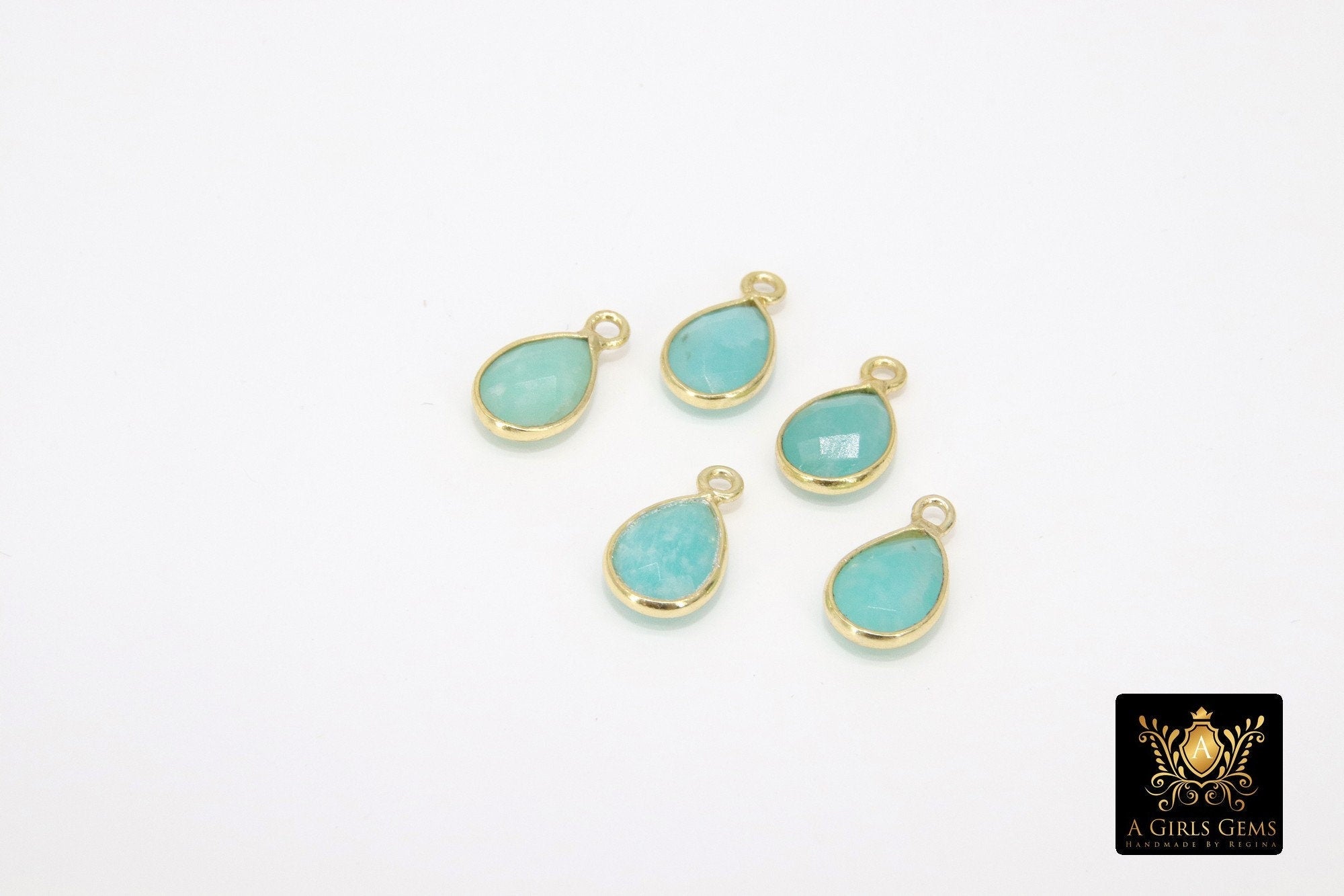 Natural Amazonite Teardrop Charms, Gold Plated Faceted Aqua Blue Gemstones #2828, Sterling Silver Pendants