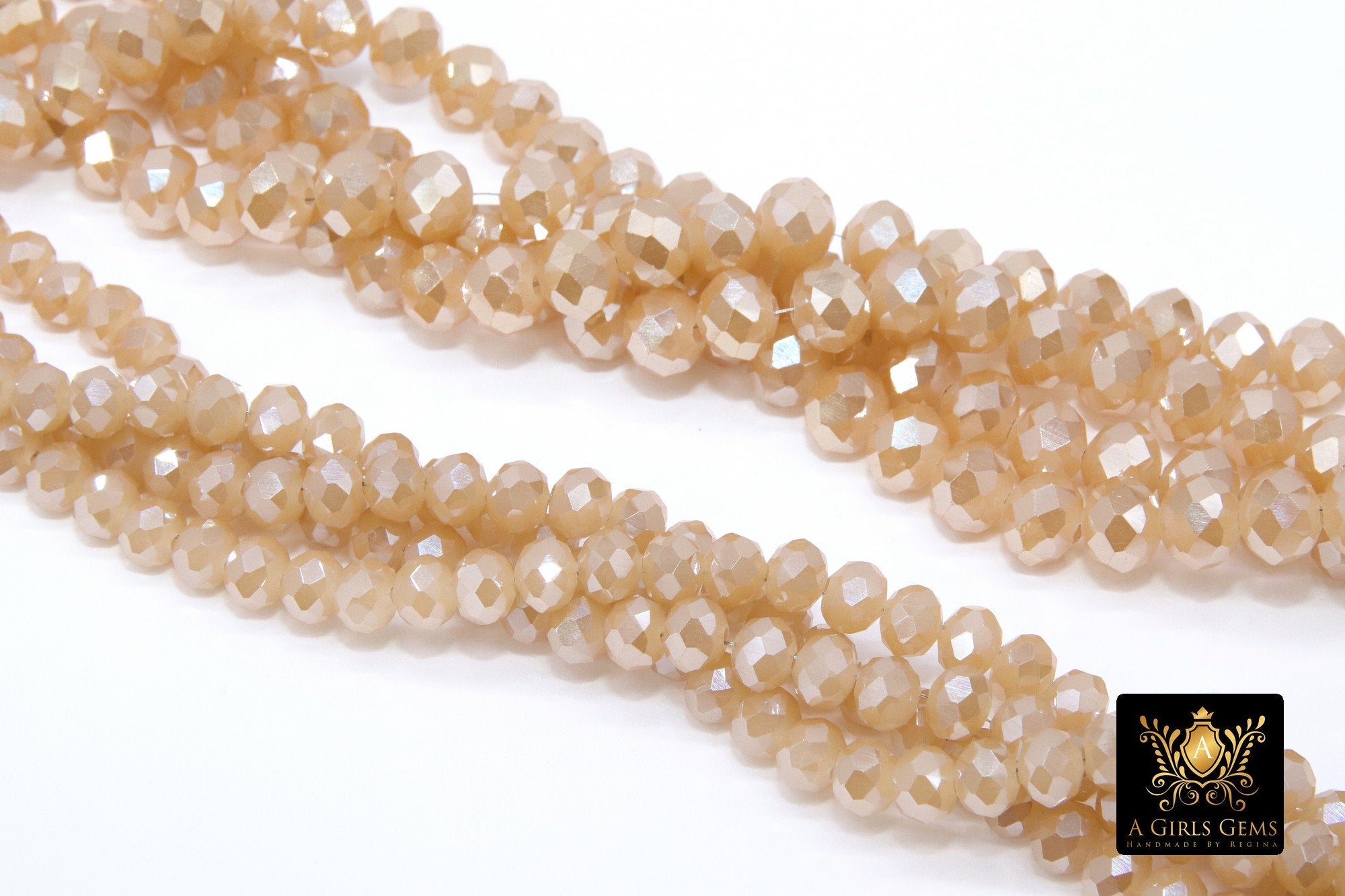 Beige Crystal Beads, 2 Strands Faceted Cream AB Crystal Rondelle Jewelry Beads BS #105, sizes 6 x 4 or 8 x 5 mm 18 inch Strands