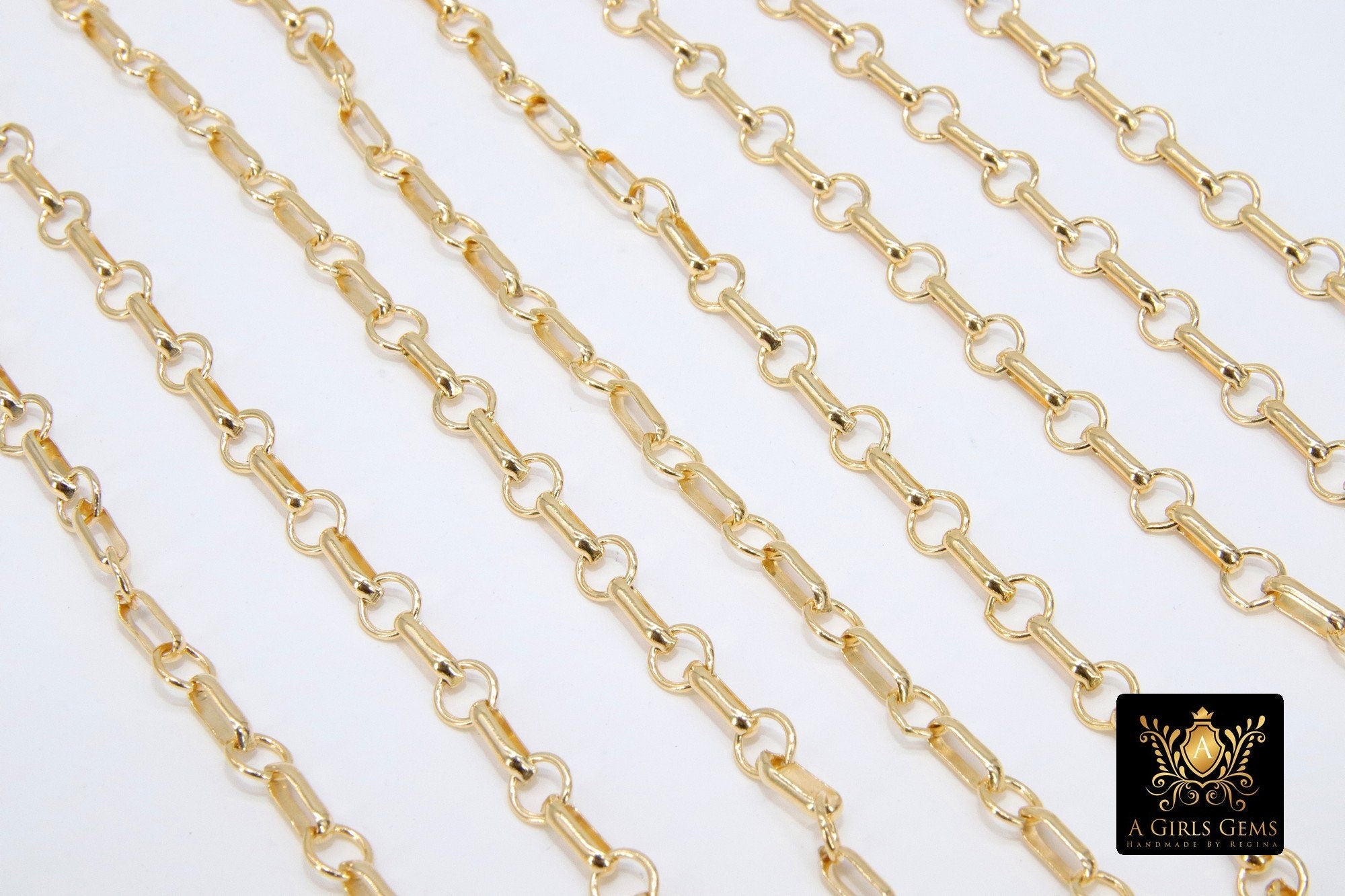 14 K Gold Filled Bar Chains, 8 mm Unfinished Large Bar and Rolo Chain CH #768, Long Short