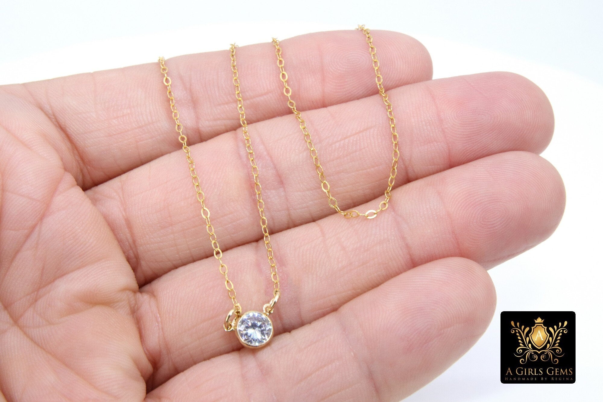 14 K Gold Filled CZ Chain Necklace, Gold Dainty Hammered Chain with Cubic Zirconia Charm Choker