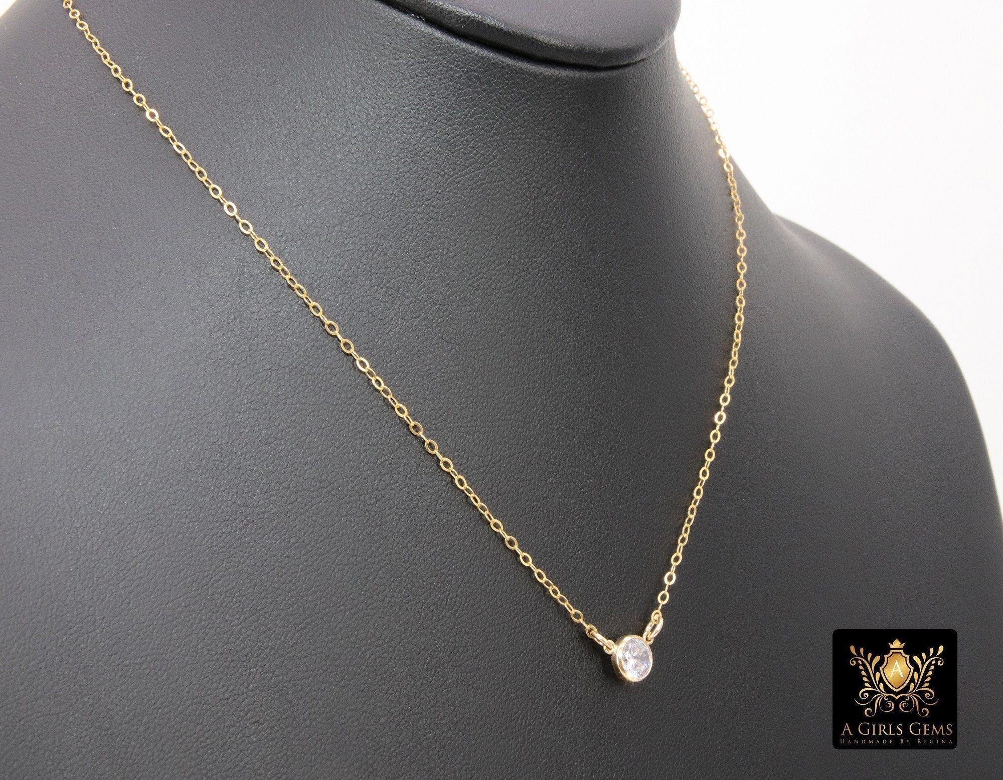 14 K Gold Filled CZ Chain Necklace, Gold Dainty Hammered Chain with Cubic Zirconia Charm Choker