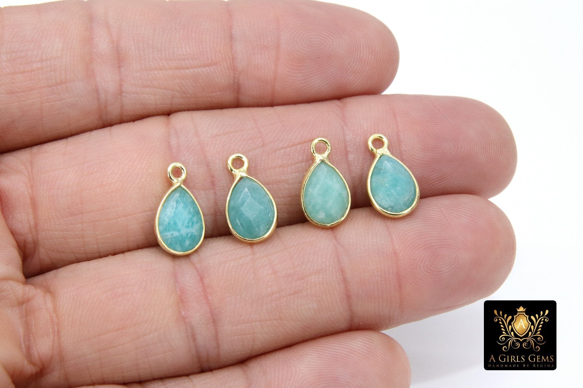 Natural Amazonite Teardrop Charms, Gold Plated Faceted Aqua Blue Gemstones #2828, Sterling Silver Pendants