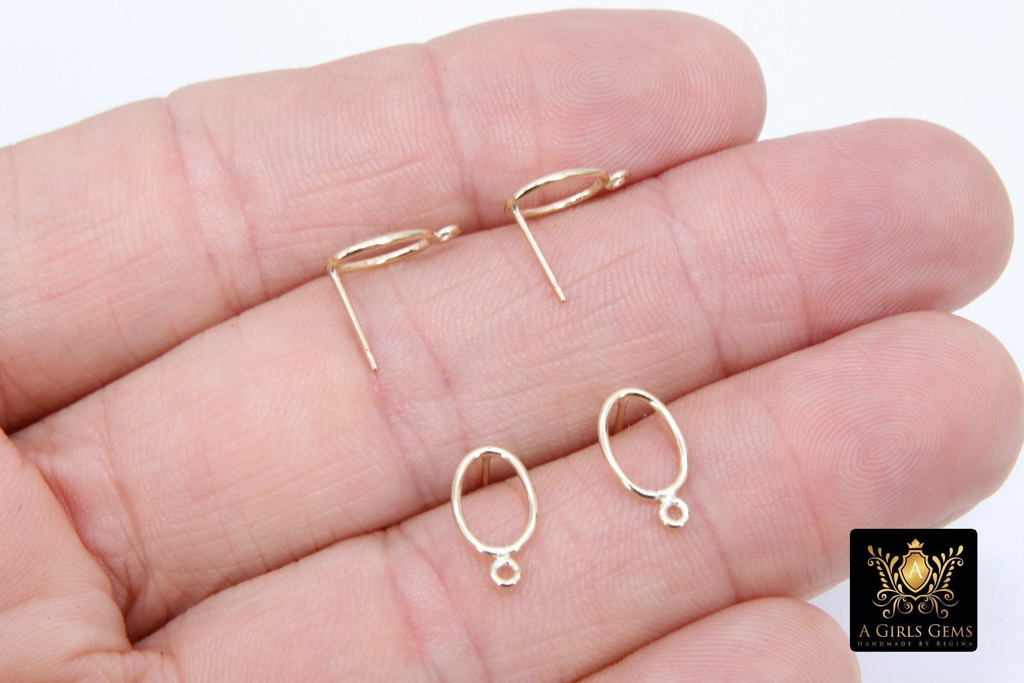 14 K Gold Hoop Stud Earrings, High Quality Gold Filled Oval Ring Stud Post Findings #2841, 1 Loop Egg Shaped Minimalist Hoops