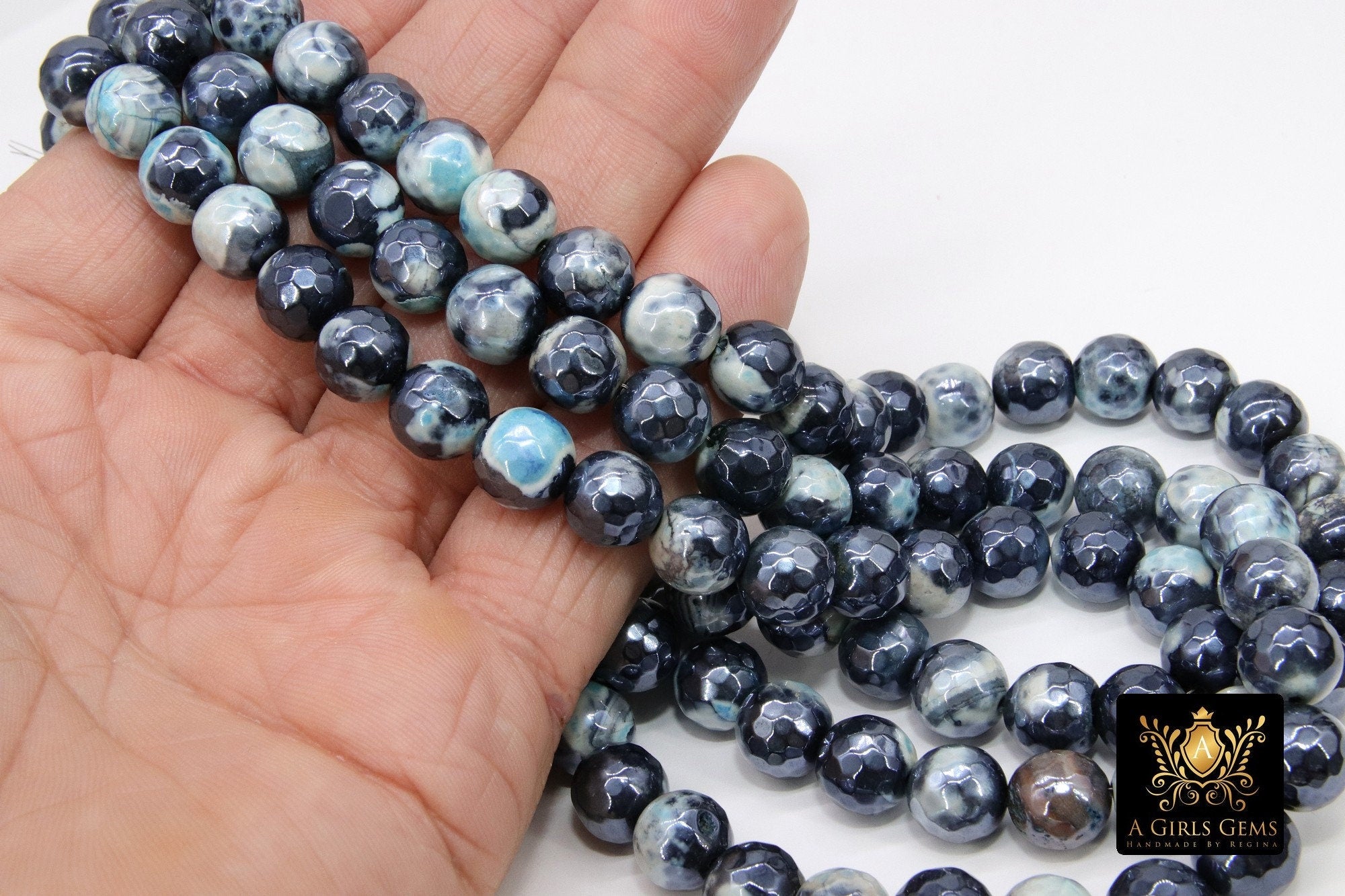 Electroplated Blue Black Agate Beads, Faceted Agate BS #229, White Cream Beads