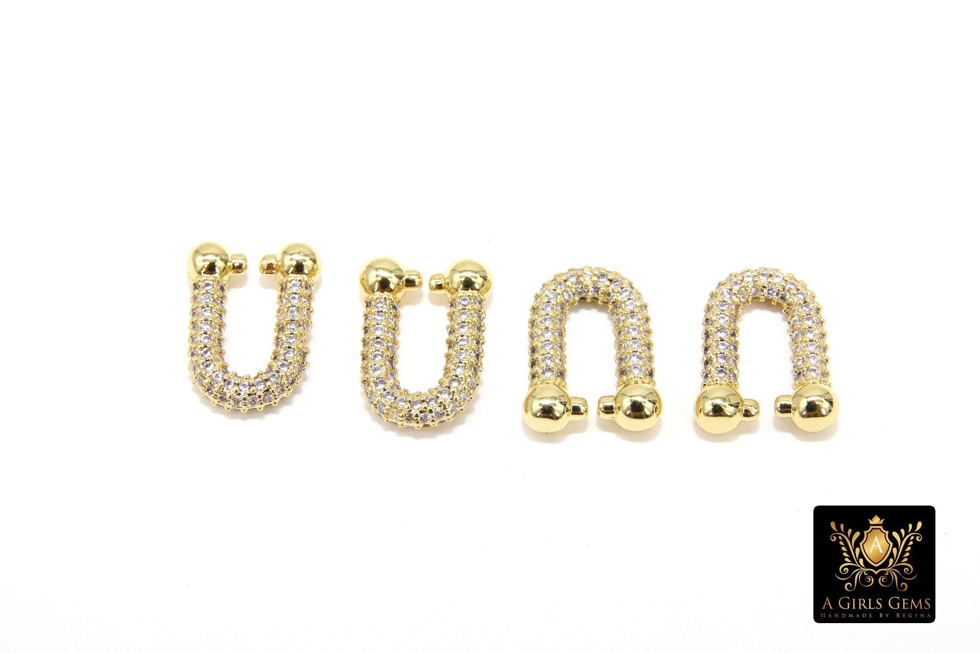 Gold Horseshoe Link Clip, CZ Pave Beaded End Clasp for Chain Links #282, U Shape Shackle Horseshoe Connectors