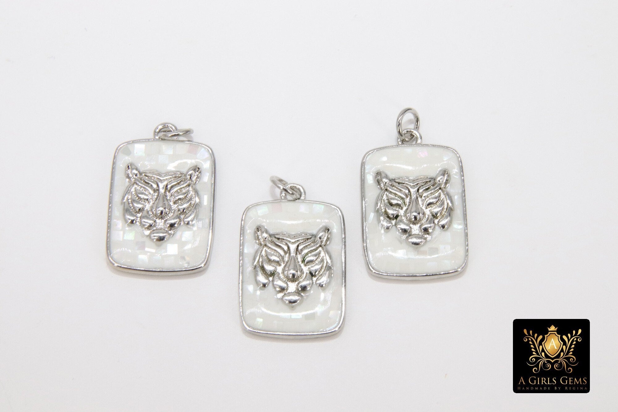 Gold Tiger Head Charm or Connectors, Silver White Shell Lion Head #918, Rectangle Pendant for Bracelet or Animal Jewelry