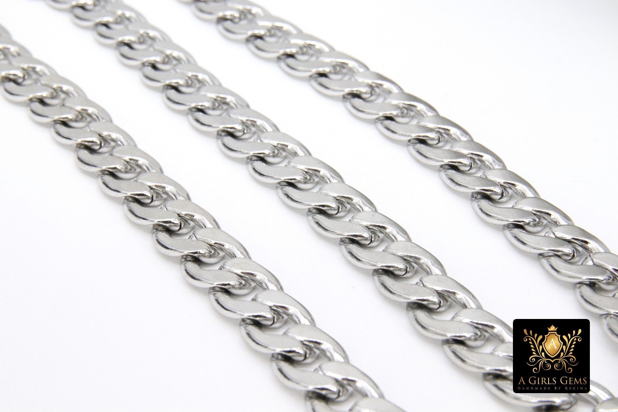 Silver Curb Chain, 14 mm 304 Stainless Steel Large Heavy Flat CH #106, Cuban Flat Oval Unfinished Silver Chains