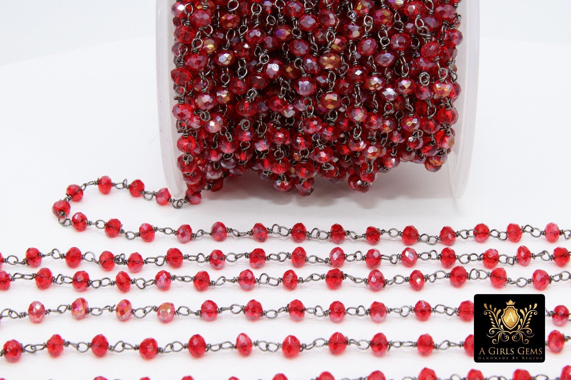Red Faceted Rosary Chain, 4 mm Beaded Cranberry AB Chains CH #421, Gunmetal Black Wire Wrapped