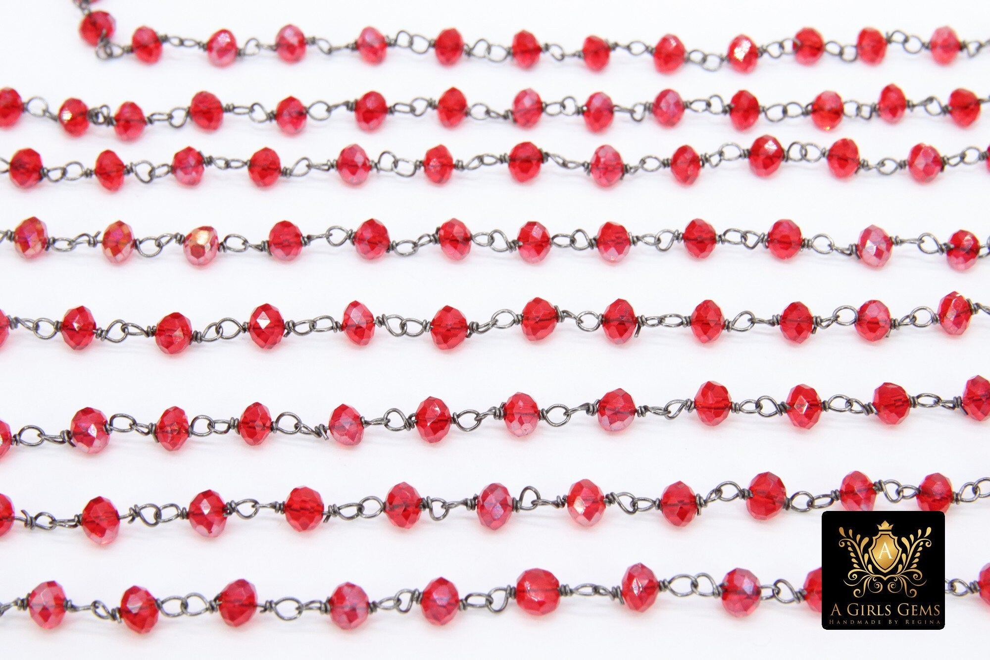 Red Faceted Rosary Chain, 4 mm Beaded Cranberry AB Chains CH #421, Gunmetal Black Wire Wrapped