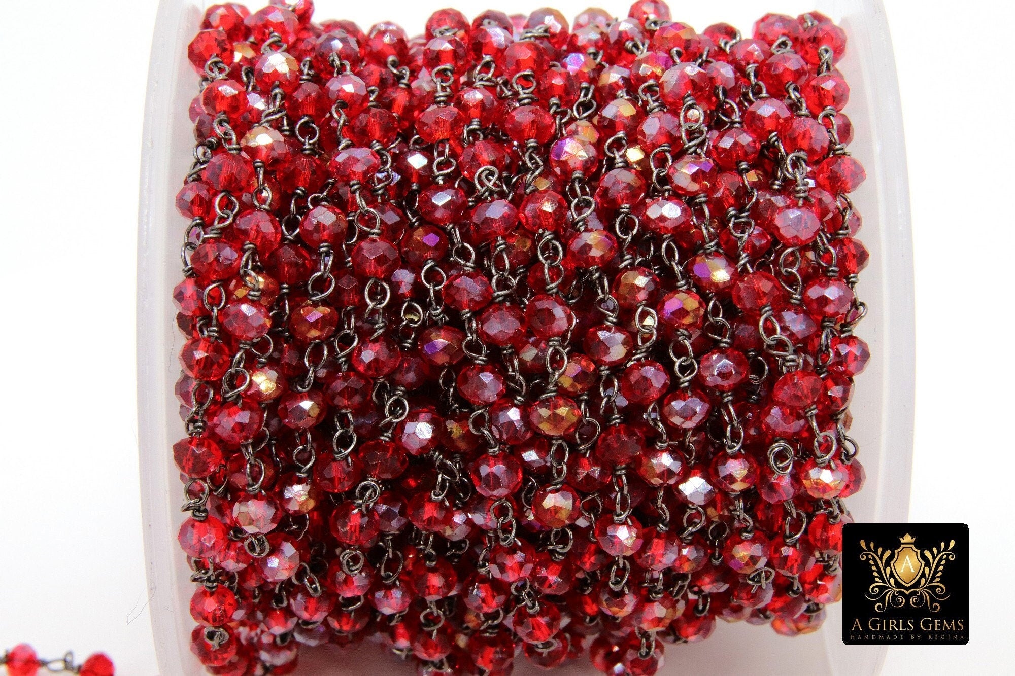 Red Faceted Rosary Chain, 4 mm Beaded Cranberry AB Chains CH #421, Gunmetal Black Wire Wrapped
