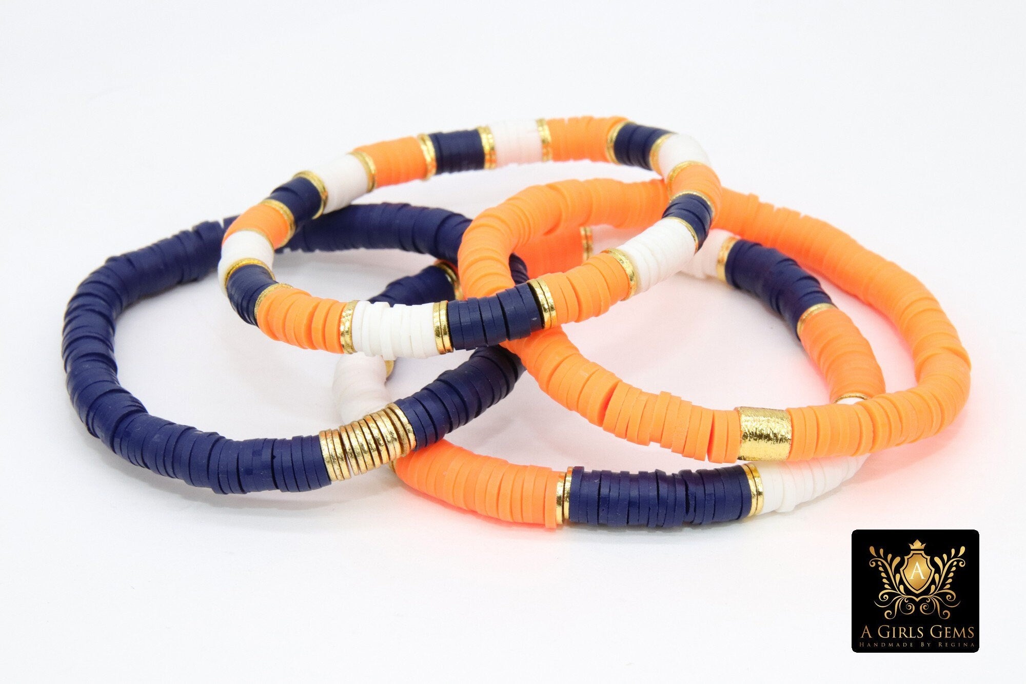 Heishi Beaded Bracelet, Navy Blue Orange White Gold Stretchy Bracelet #698, Auburn Tiger Team School Spirit Clay Beaded Bracelets