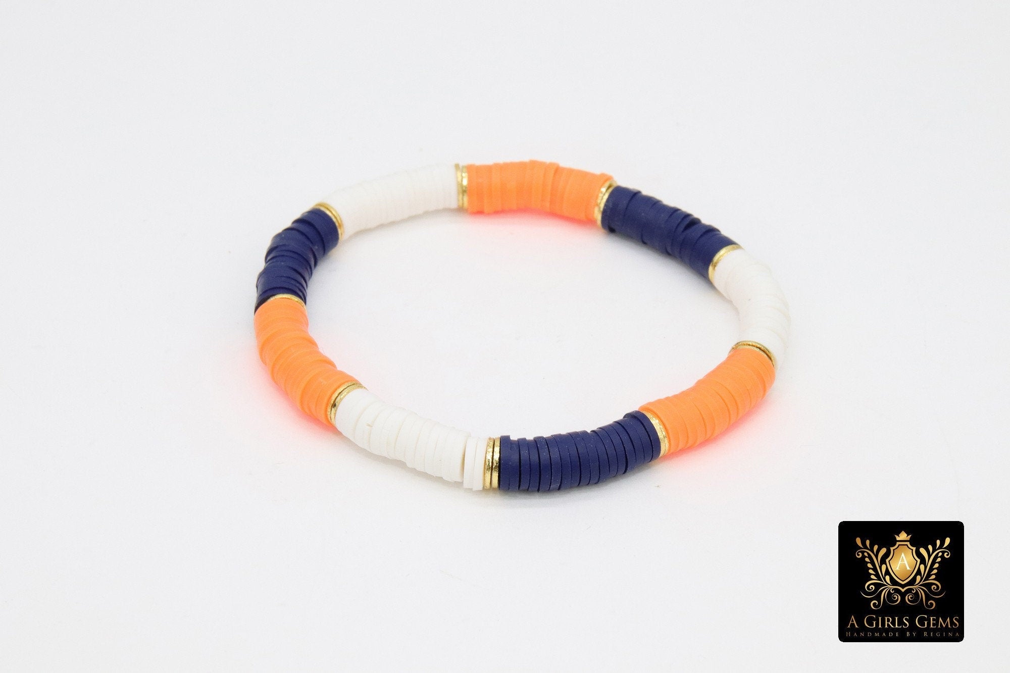 Heishi Beaded Bracelet, Navy Blue Orange White Gold Stretchy Bracelet #698, Auburn Tiger Team School Spirit Clay Beaded Bracelets