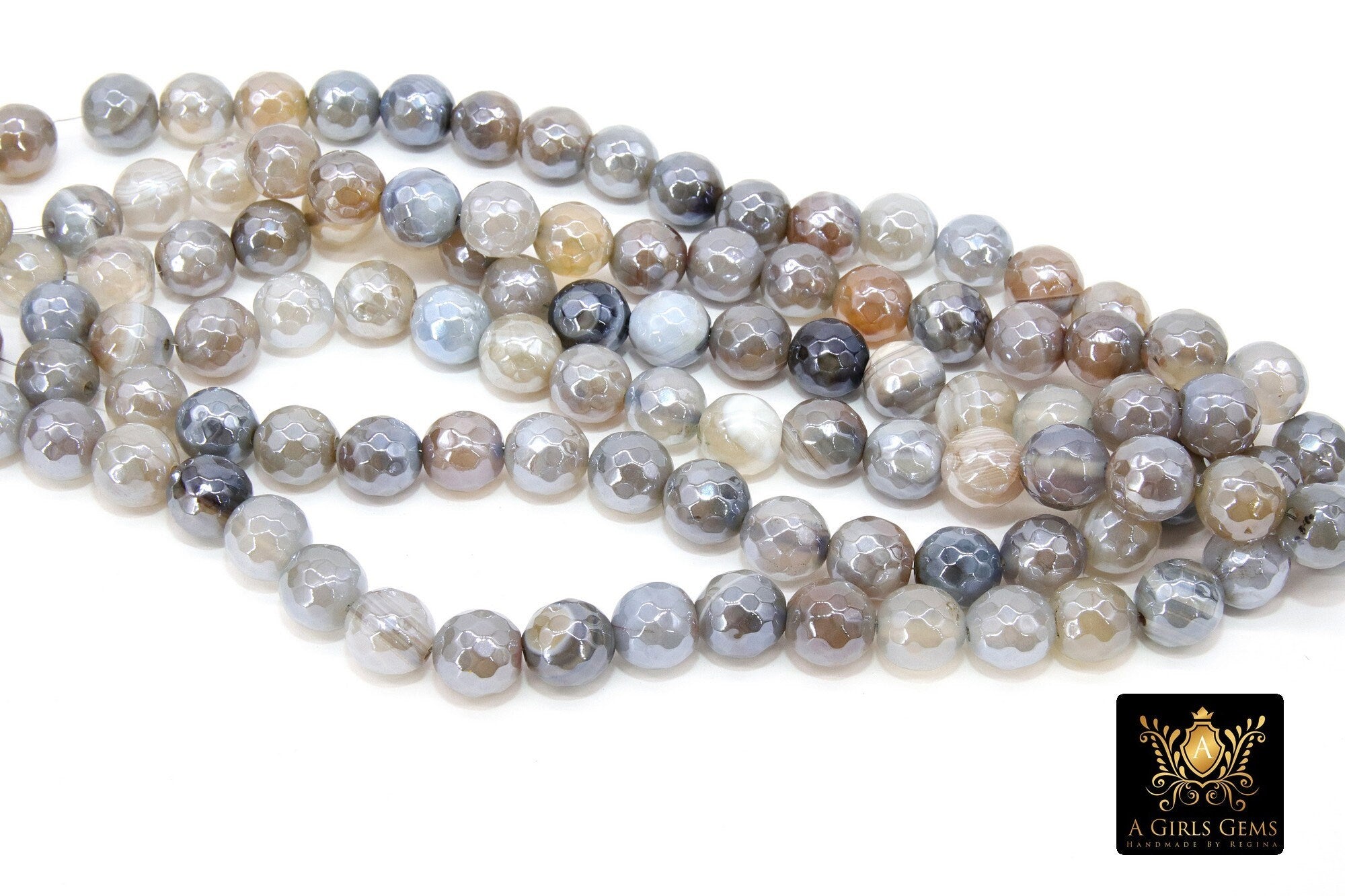 Electroplated White Agate Beads, Faceted Agate BS #238, Beige and Gray Beads