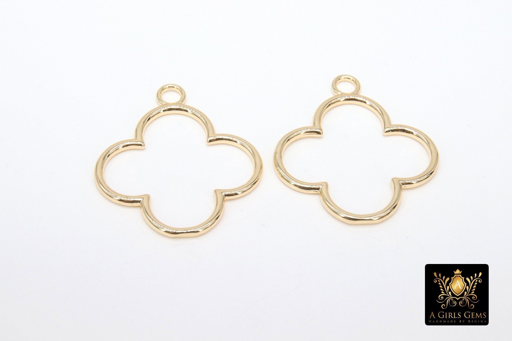 Textured Gold Clover Hoop Ear Rings, 33 mm Glittery Gold Charms #958, High Quality Quatrefoil Light Weight Wire Hoops Finding