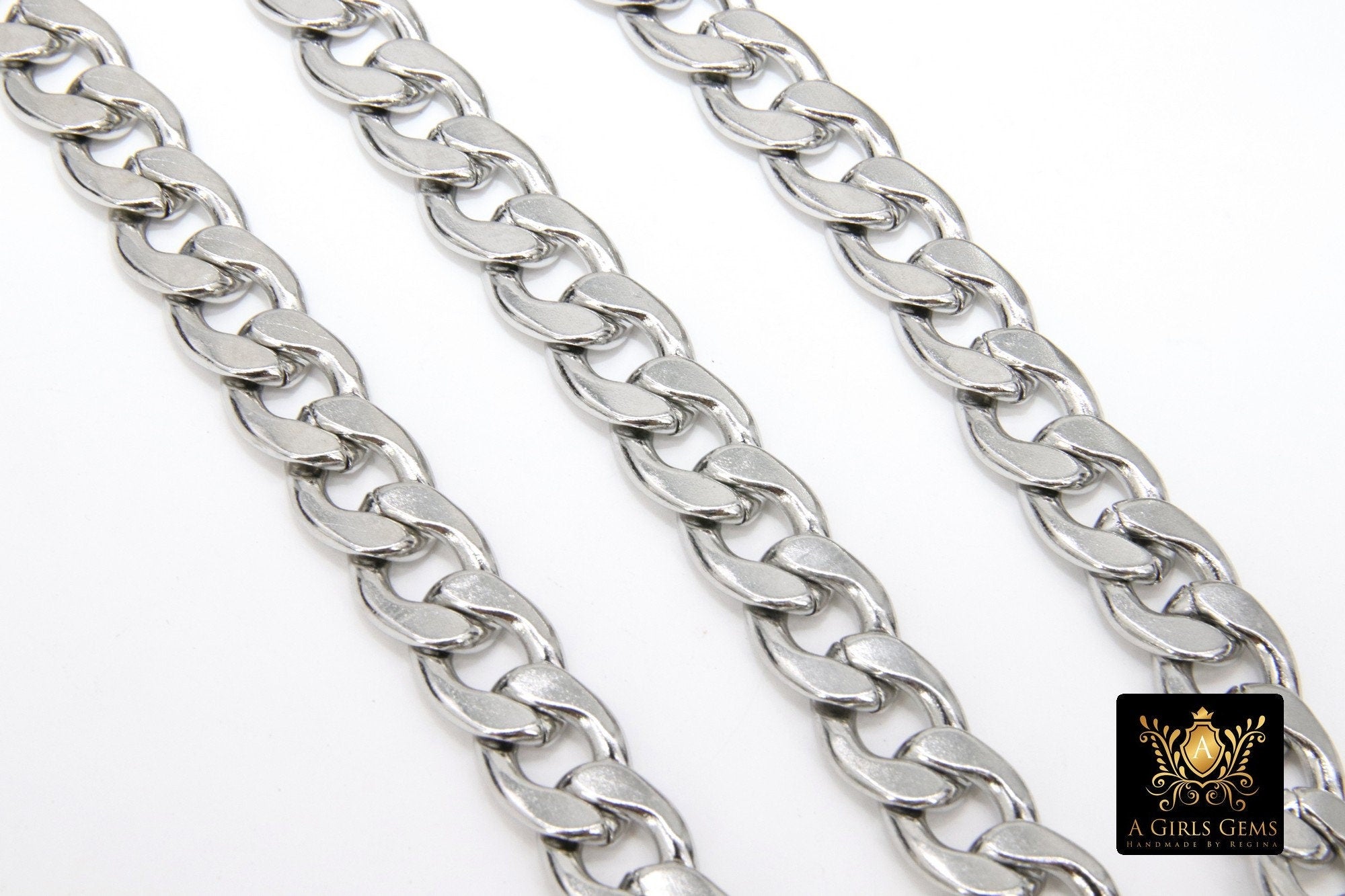 Silver Curb Chain, 14 mm 304 Stainless Steel Large Heavy Flat CH #106, Cuban Flat Oval Unfinished Silver Chains