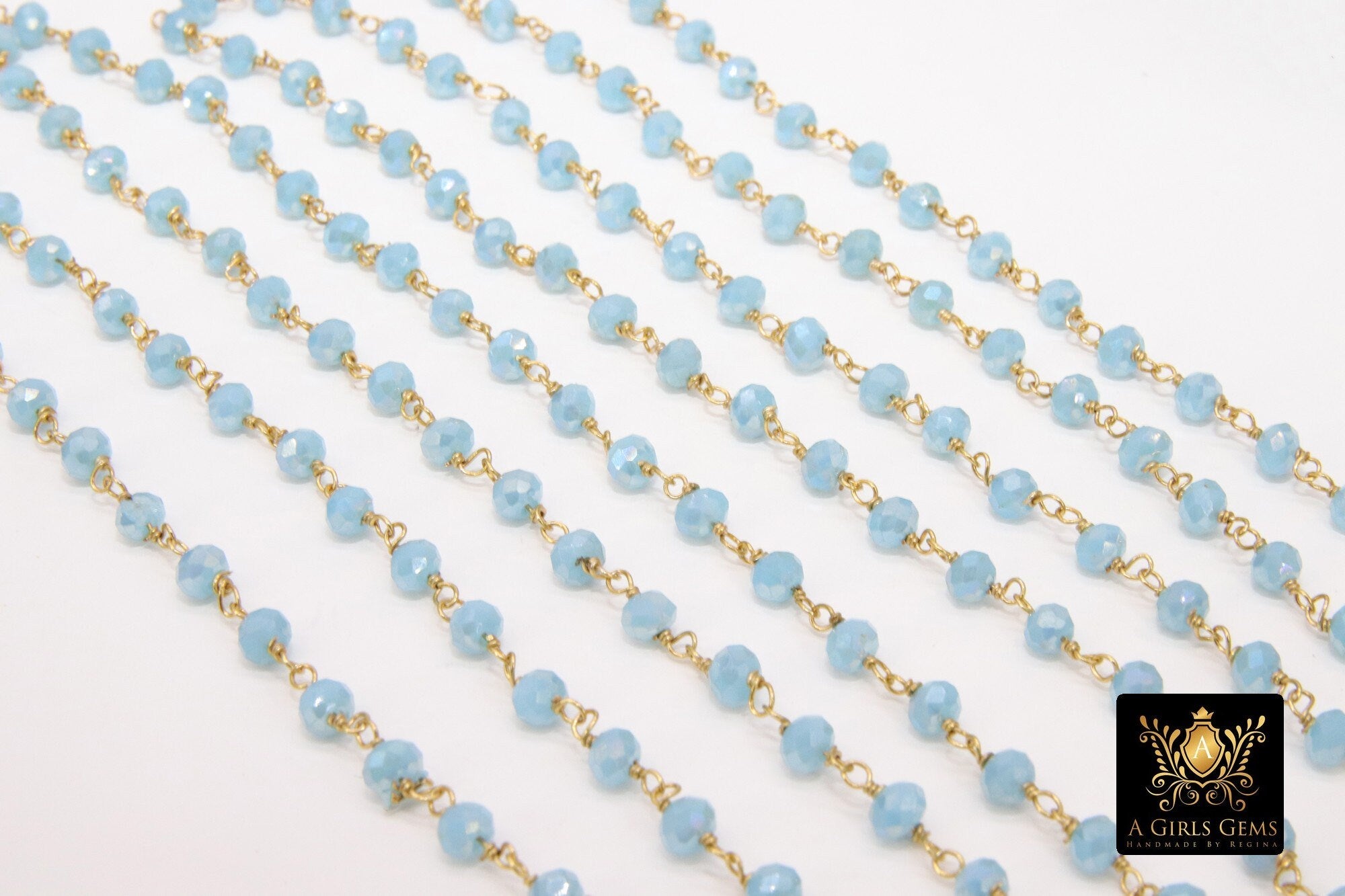 Blue Crystal Rosary Chain, 4 mm Gold Chains for Jewelry Making CH #423, Maui Ocean Blue Beaded Rosary