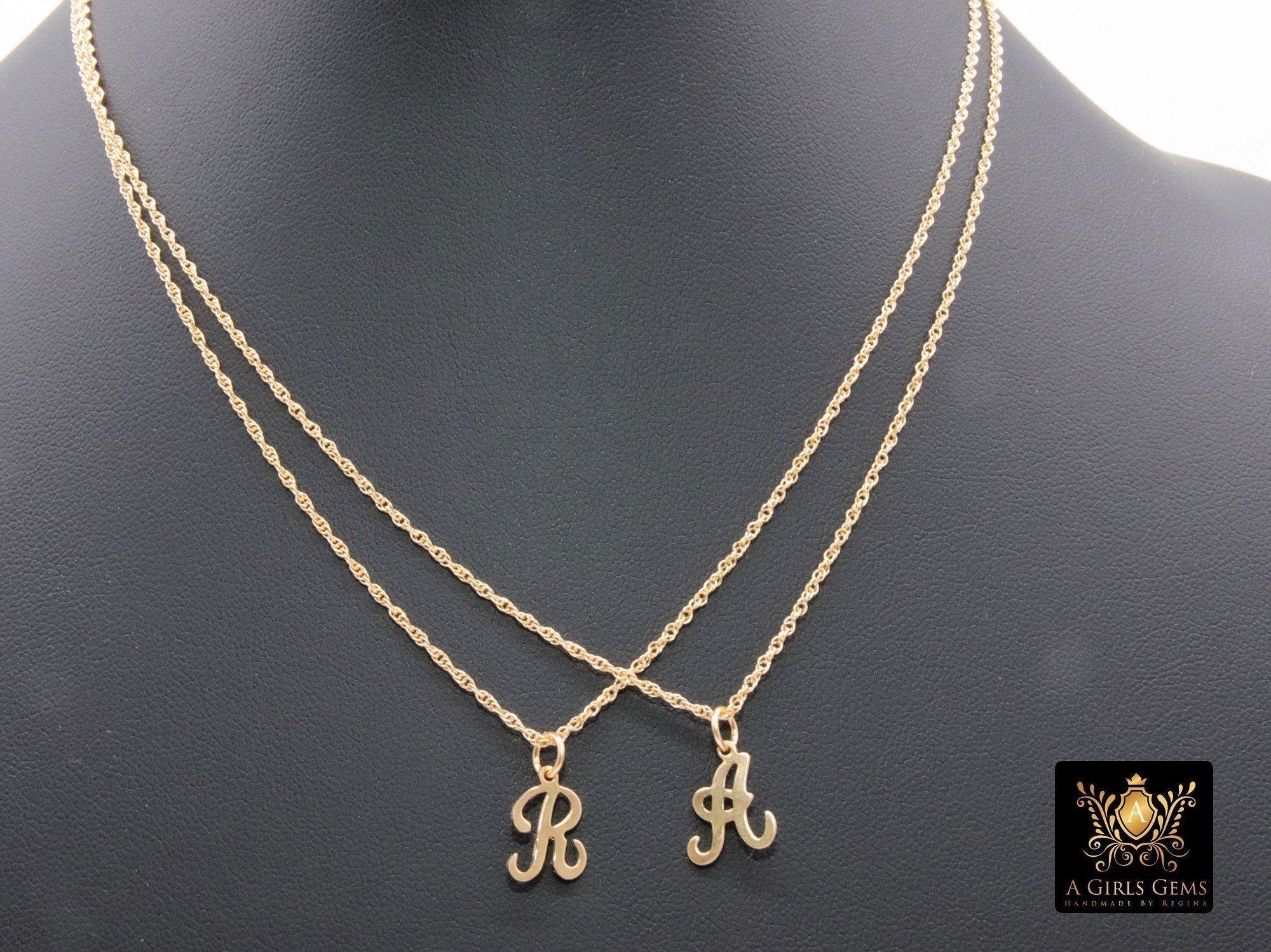 14 K Gold Initial Chain Necklace, Genuine 14 K Gold Filled Script Letters in Rope Chain Choker, Personalized Alphabet