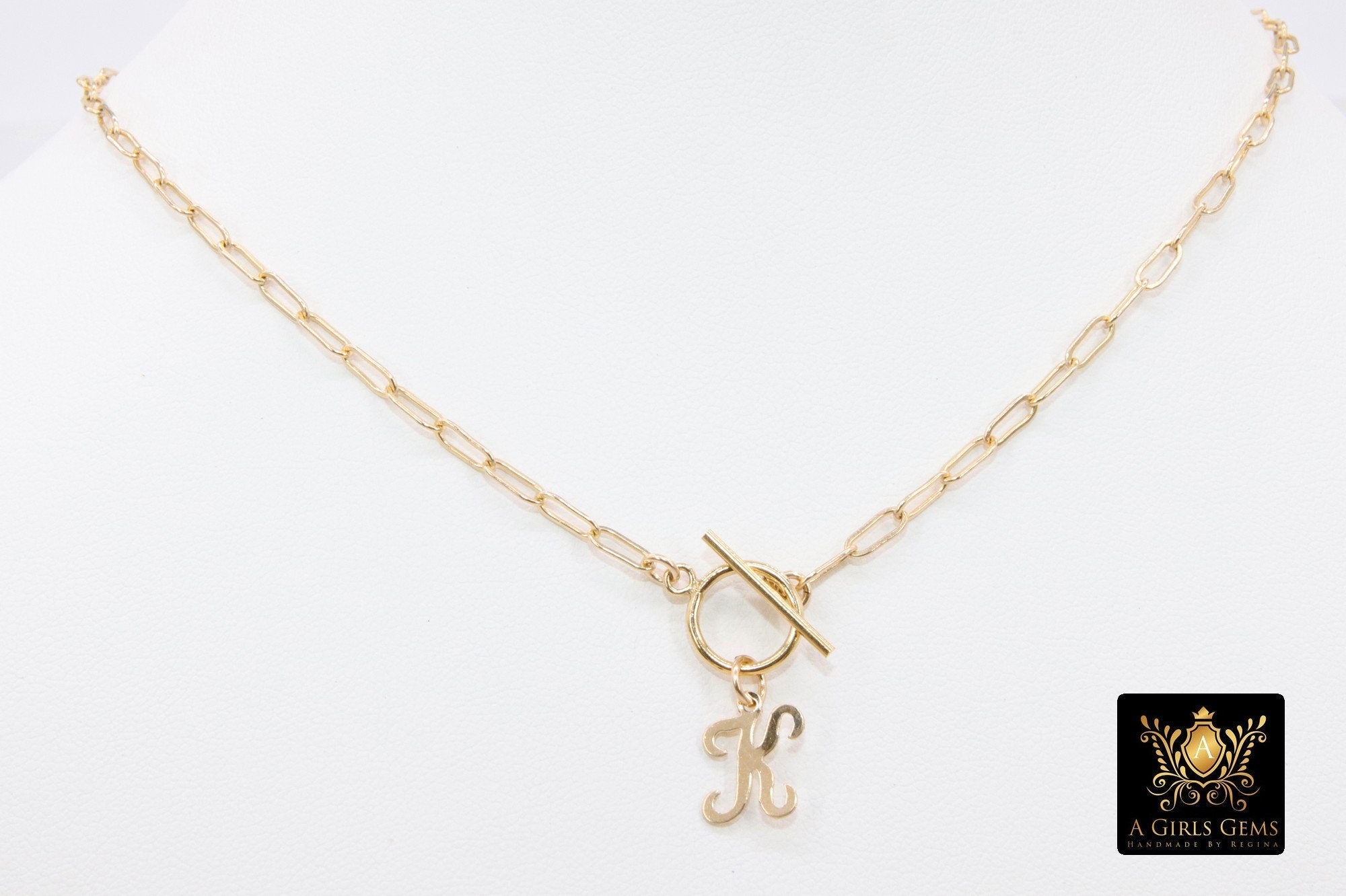 14 K Gold Initial Paperclip Chain Necklace, Genuine 14 K Gold Filled Toggle Choker, Gold Script Letters