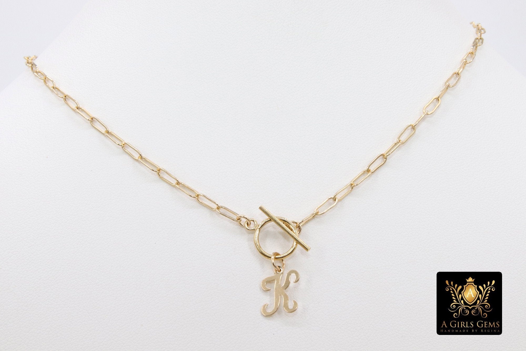 14 K Gold Initial Paperclip Chain Necklace, Genuine 14 K Gold Filled Toggle Choker, Gold Script Letters
