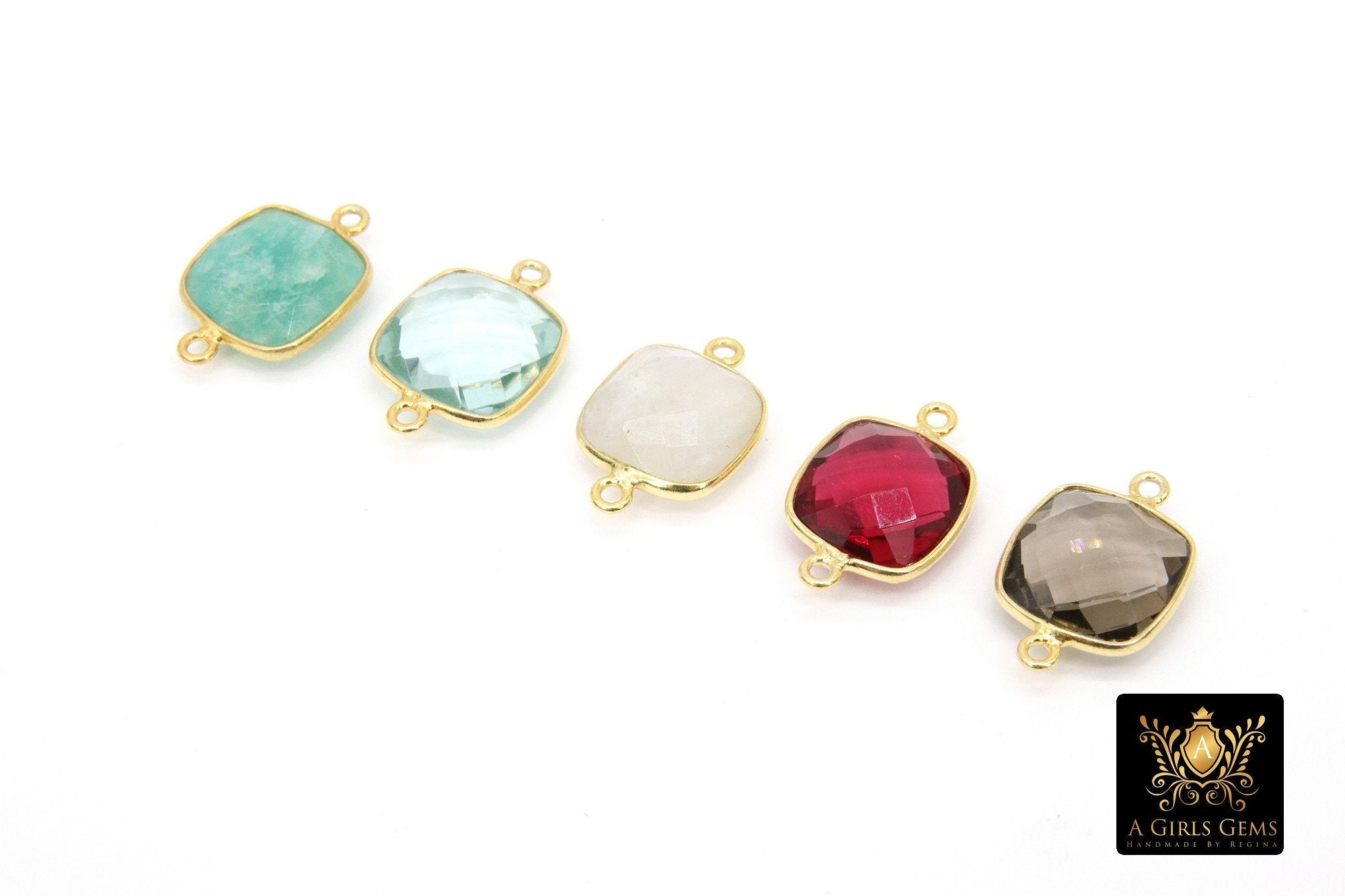 Square Gemstone Connectors, Gold Birthstone Links AG #3545, Gold Plated 925 Sterling Silver