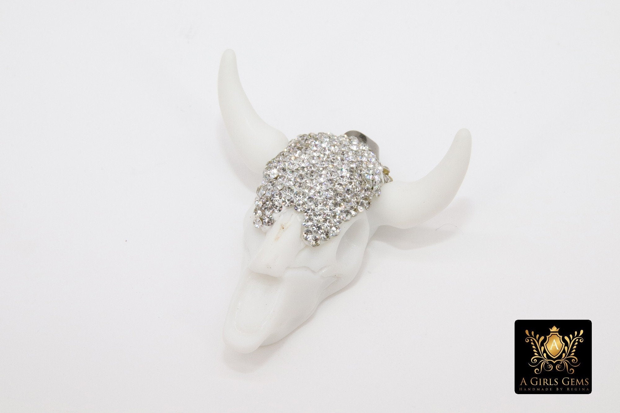 Micro Pave CZ Bone Cow Skull Pendant, Boho Cubic Zirconia Longhorn CW #24, White Ox Bone Skull