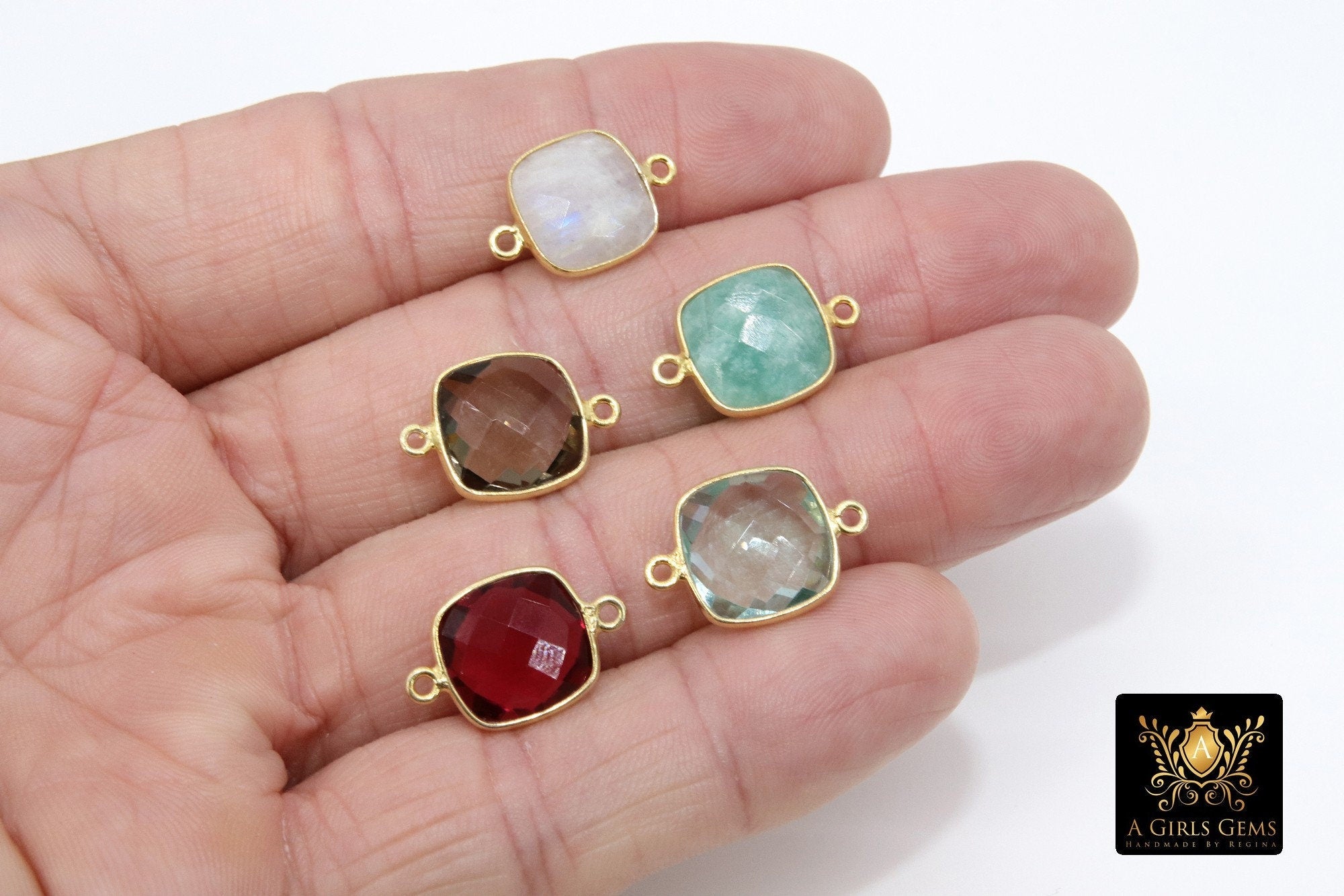 Square Gemstone Connectors, Gold Birthstone Links AG #3545, Gold Plated 925 Sterling Silver