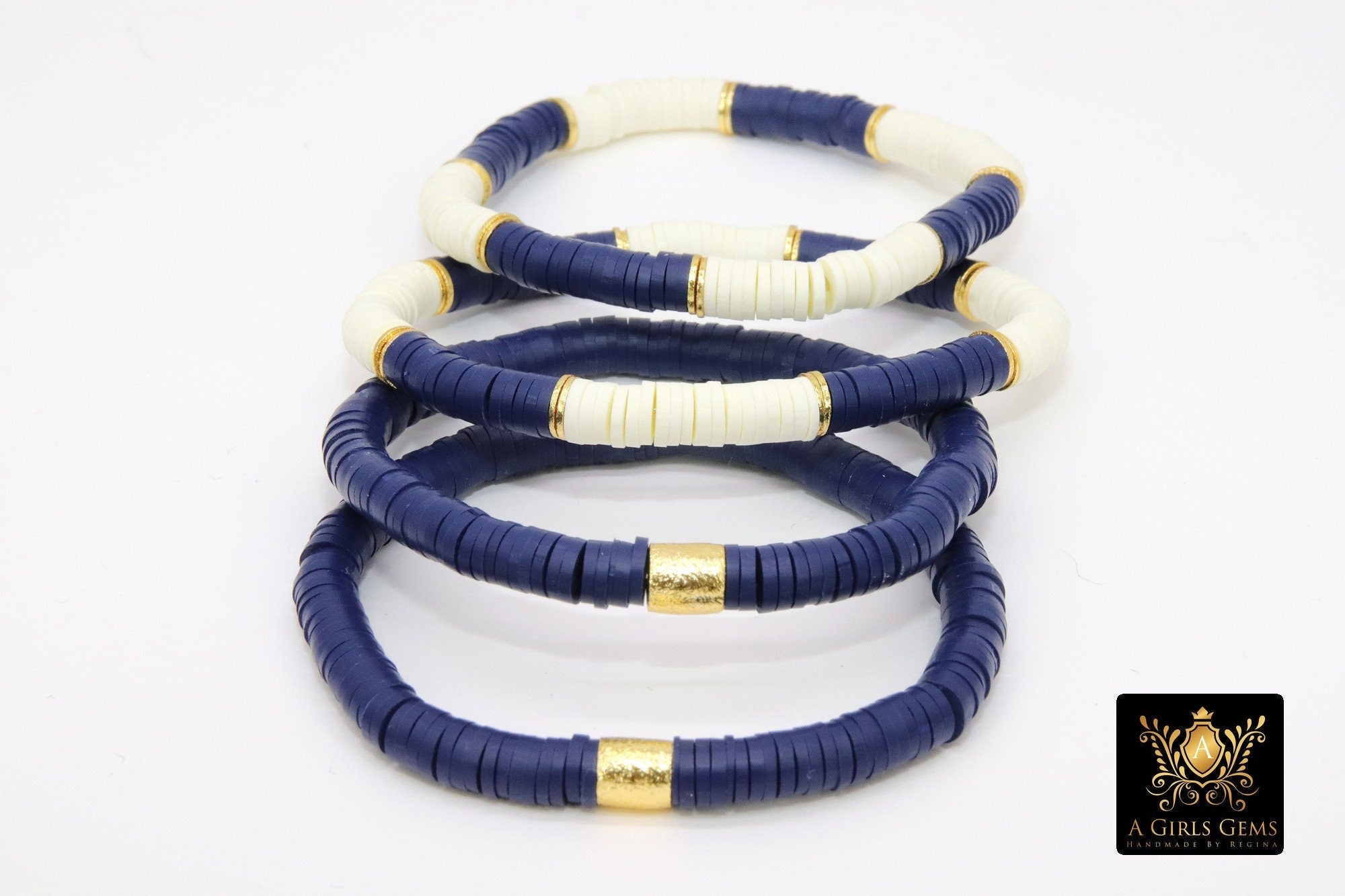 Heishi Beaded Bracelet, Navy and Off White Gold Stretchy Bracelet #3331, Team School Spirit Clay Beaded Bracelets