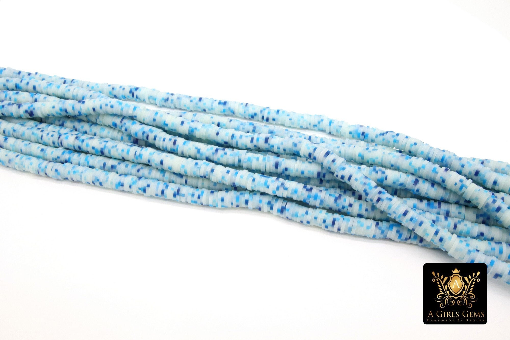 6 mm Clay Flat Bead Strands, Blue White Heishi Multi Color Beads in Polymer Disc CB #117, Rondelle Checker Beads