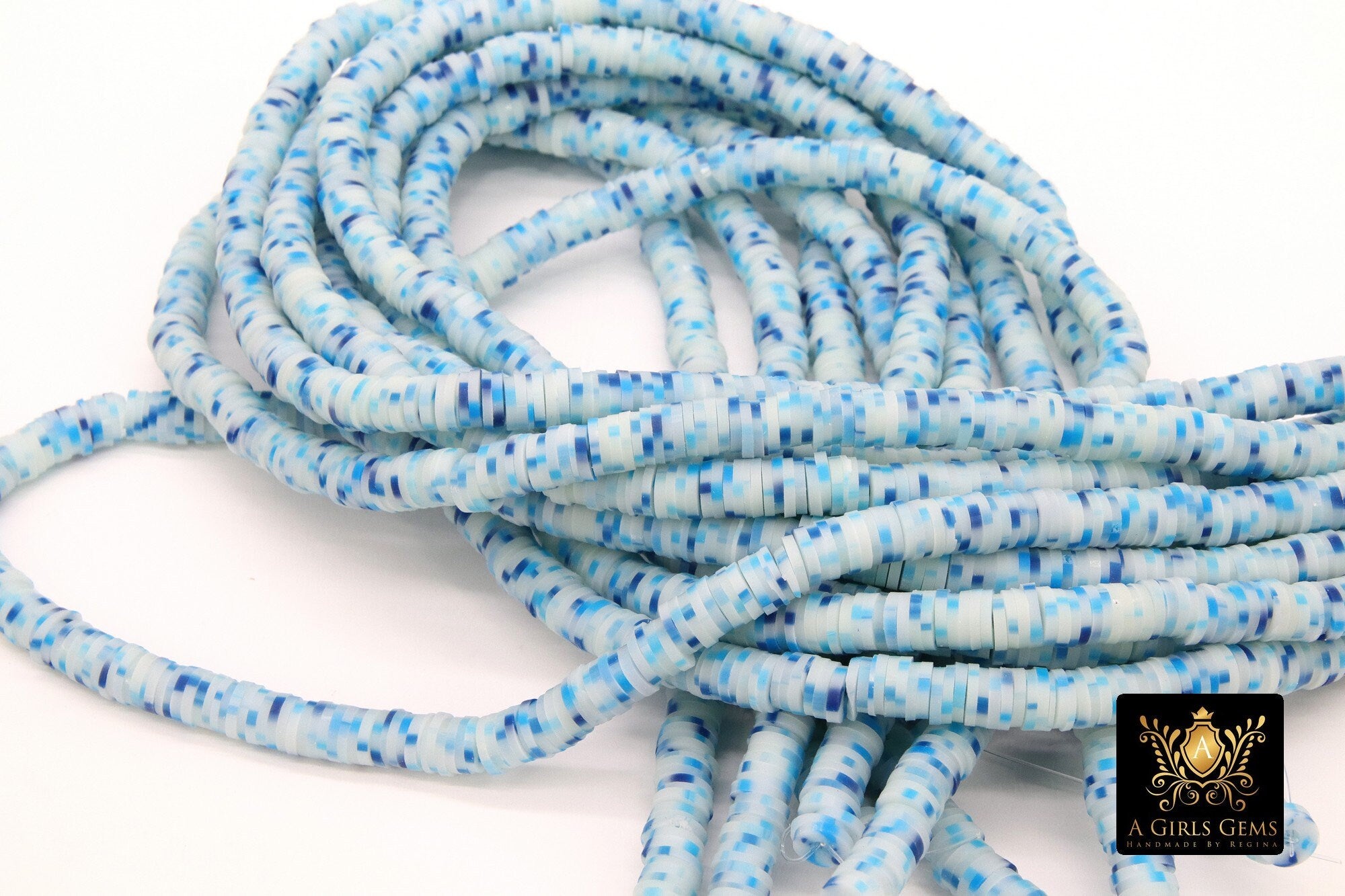 6 mm Clay Flat Bead Strands, Blue White Heishi Multi Color Beads in Polymer Disc CB #117, Rondelle Checker Beads