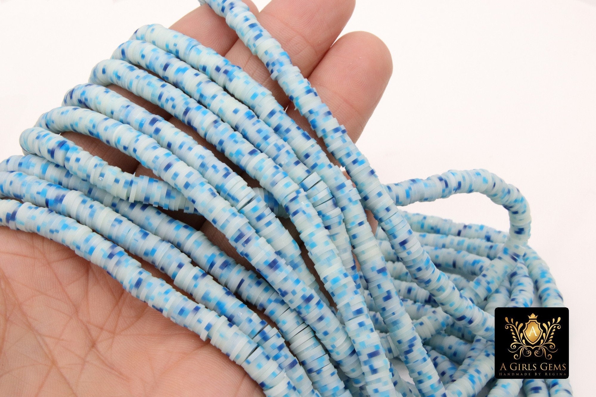 6 mm Clay Flat Bead Strands, Blue White Heishi Multi Color Beads in Polymer Disc CB #117, Rondelle Checker Beads