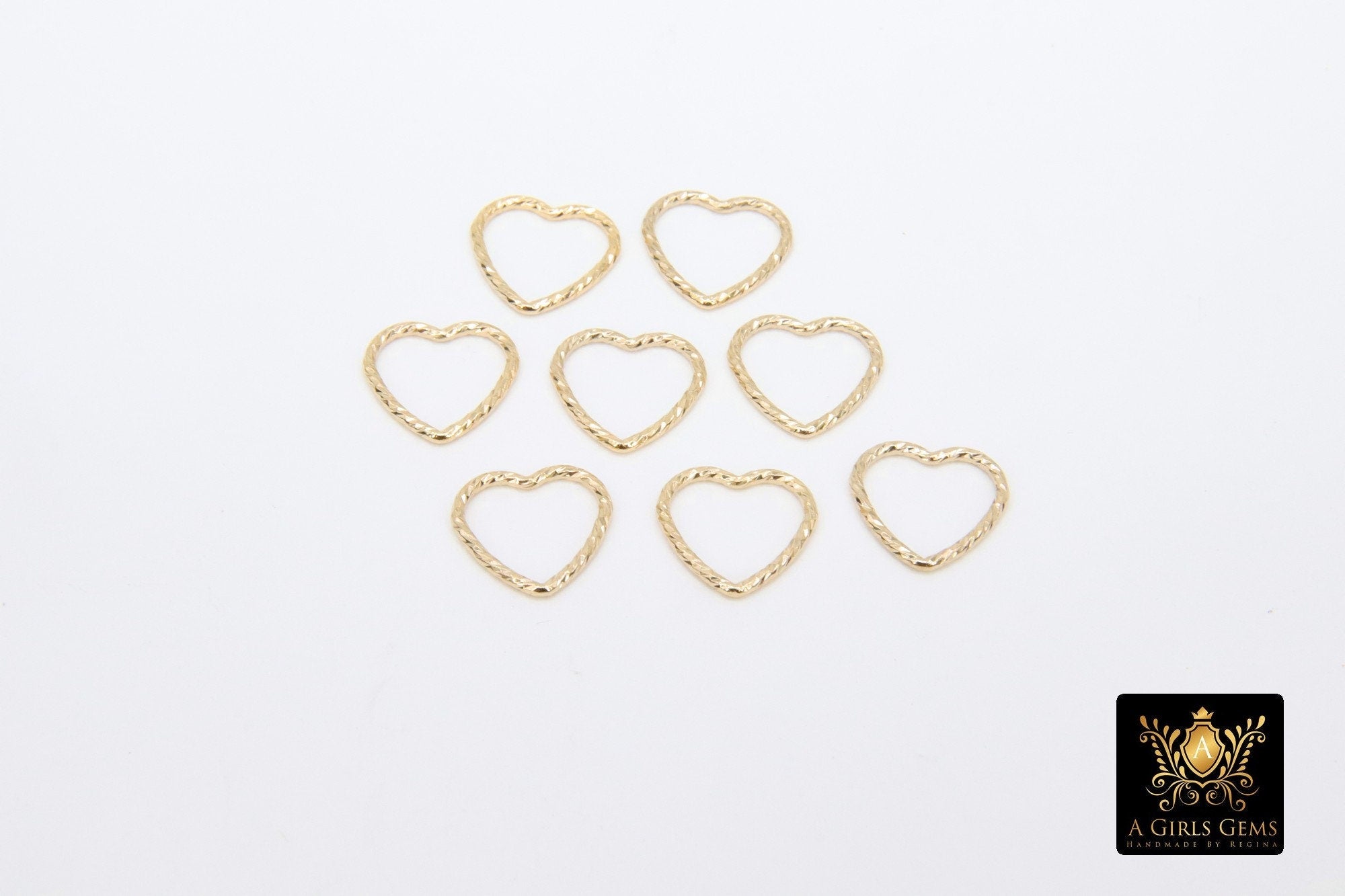 14 K Gold Filled Textured Heart Charms, 10 mm 14 20 Gold Soldered Links #2199, Twist Closed Heart Rings