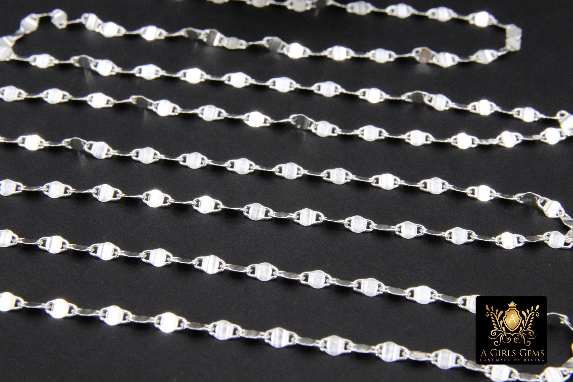 925 Sterling Silver Moroccan Chain, 4 mm Sequin Dapped Chains CH #804, Dainty Silver Beaded Flat Jewelry Chain