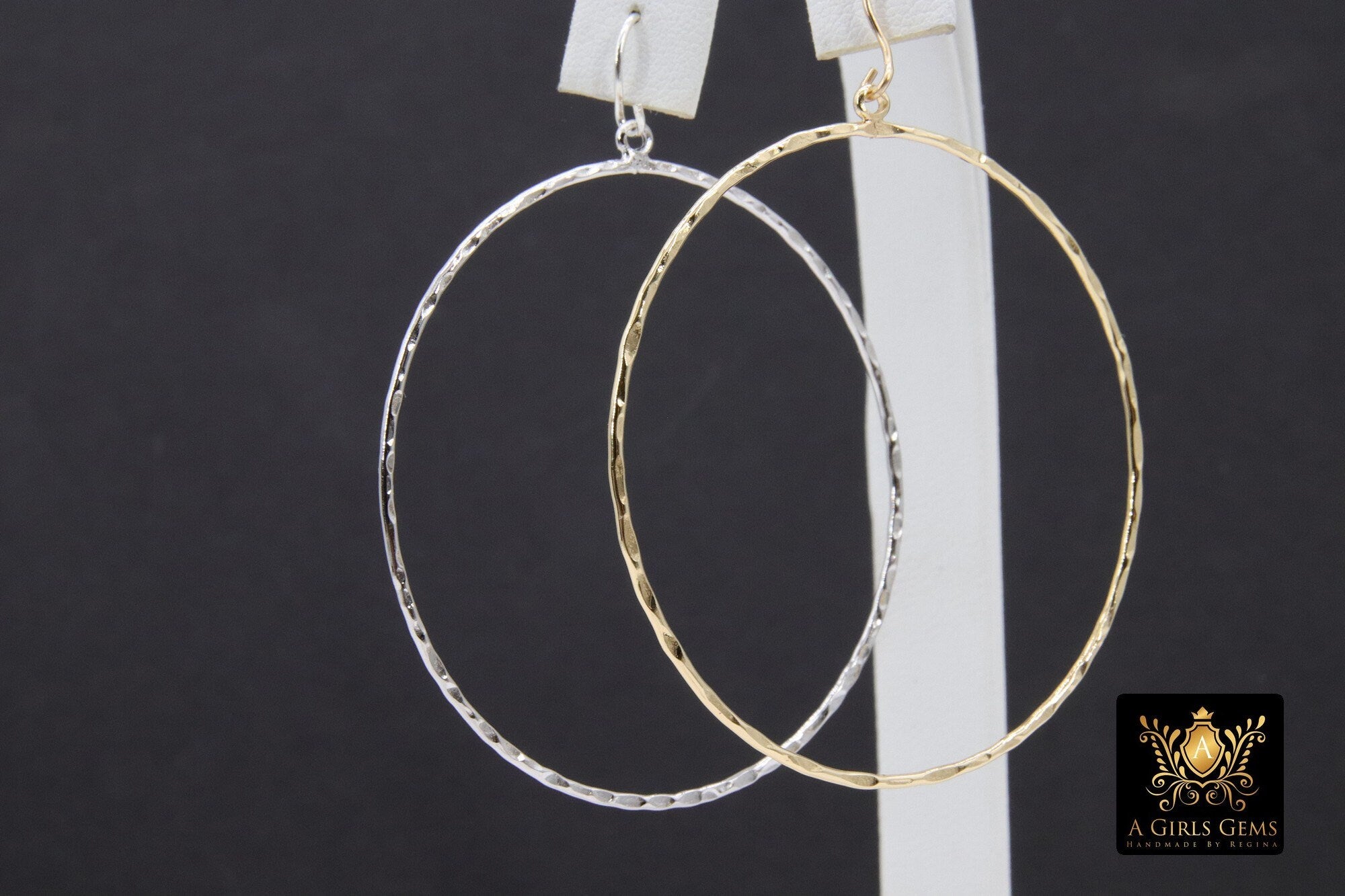 Textured Silver Round Hoop Ear Rings, 50 mm Glittery Gold Charms #807, High Quality Light Weight Wire Hoops Finding